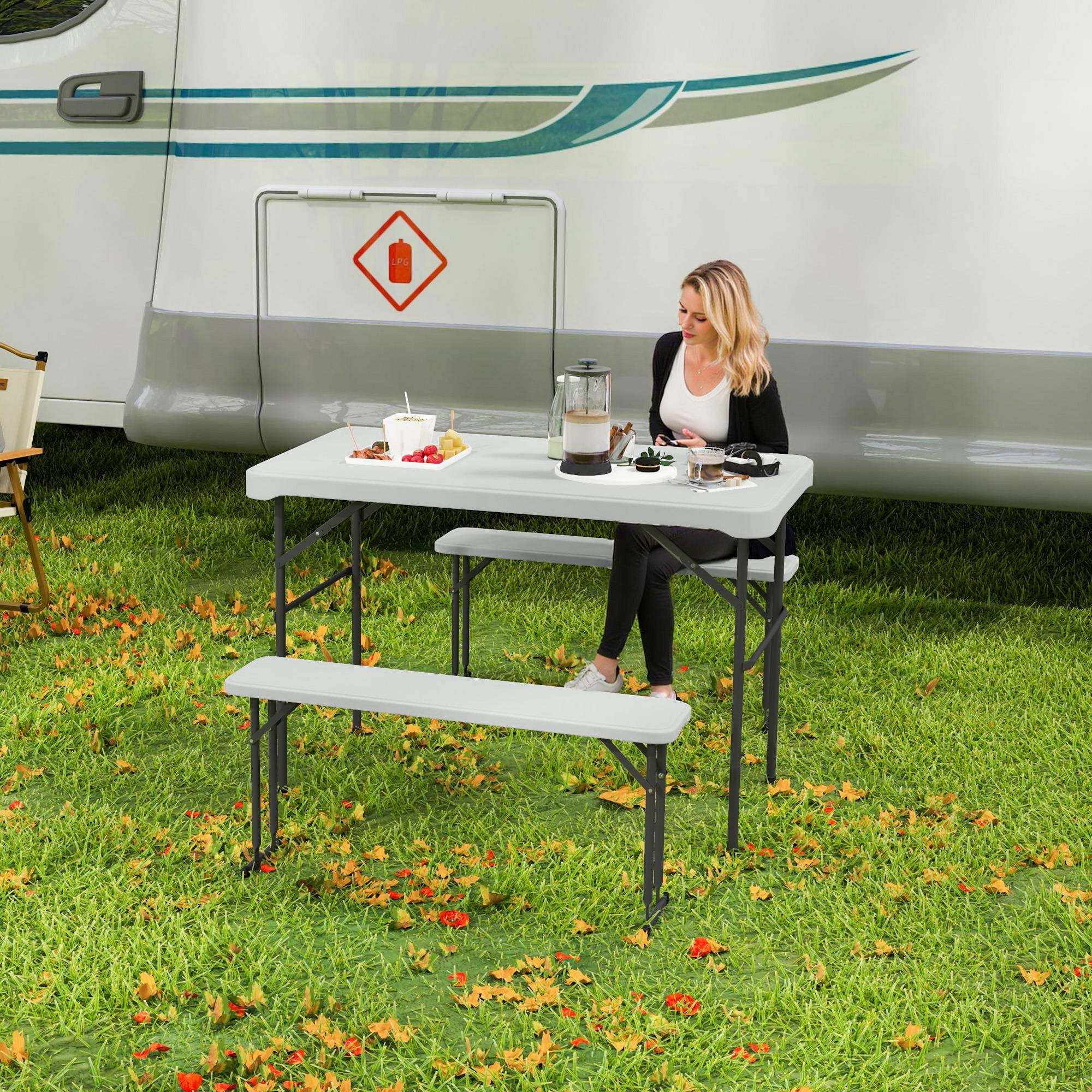 Ensemble table pliante et bancs de pique-nique 113 cm avec poignées de transport, table et banc pliable gris clair blanc - Image 3