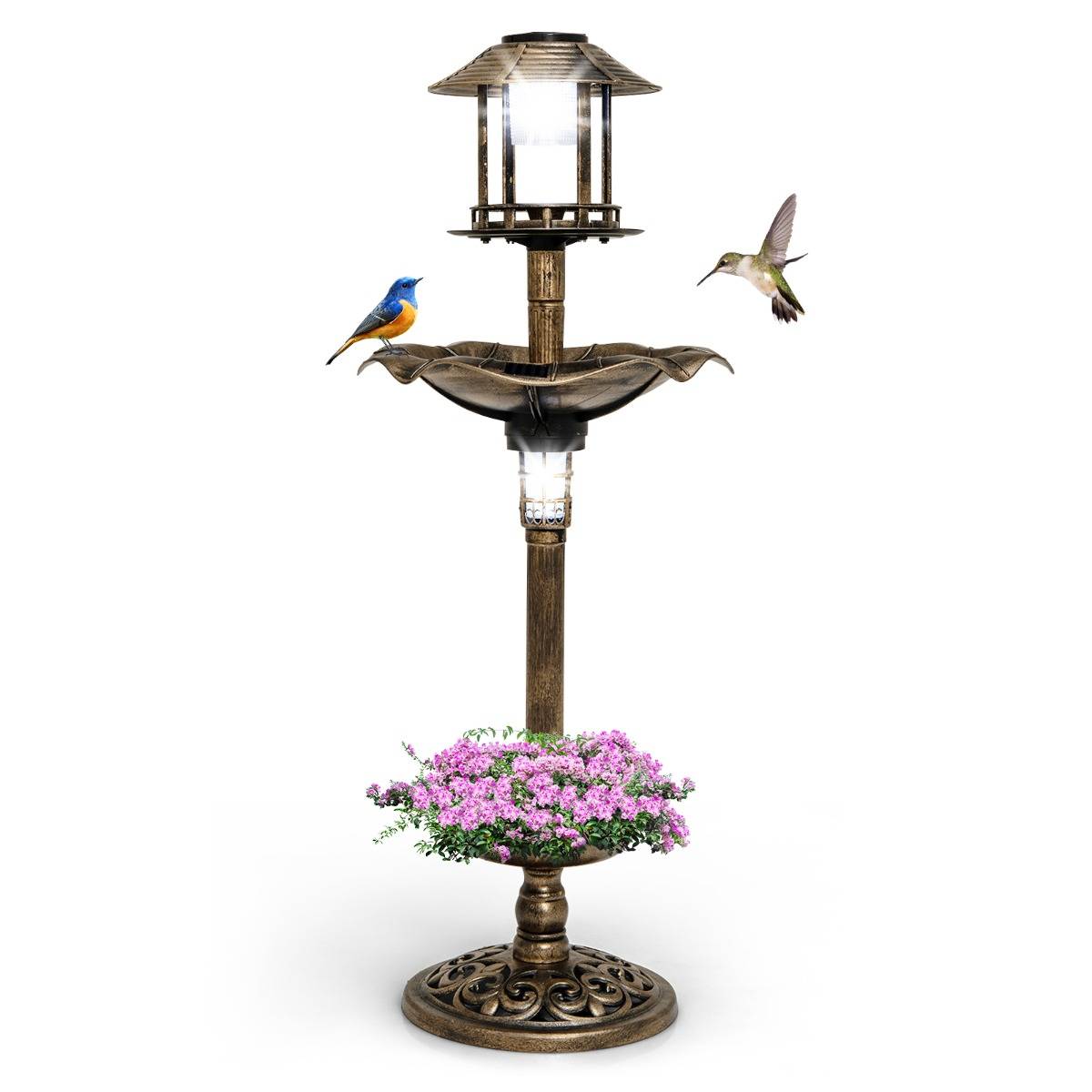 Maison Chic - Bain d'Oiseaux Énergie Solaire Décoration d'Extérieur sur Pied Rétro Éclairé avec 2 Lampes Jardinière de Fleurs Mangeoire Abreuvoir Bronze F61R - Image 1