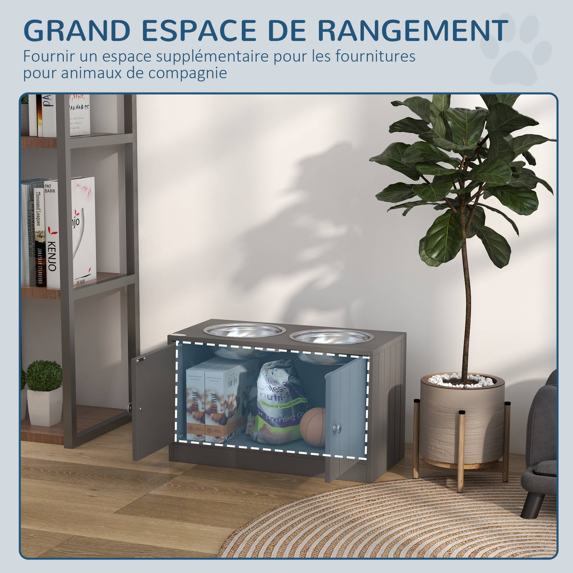 Porte-gamelles surélevé bois et acier inoxydable gris 60 x 30 x 35.5 cm - PANGIVO - Image 7