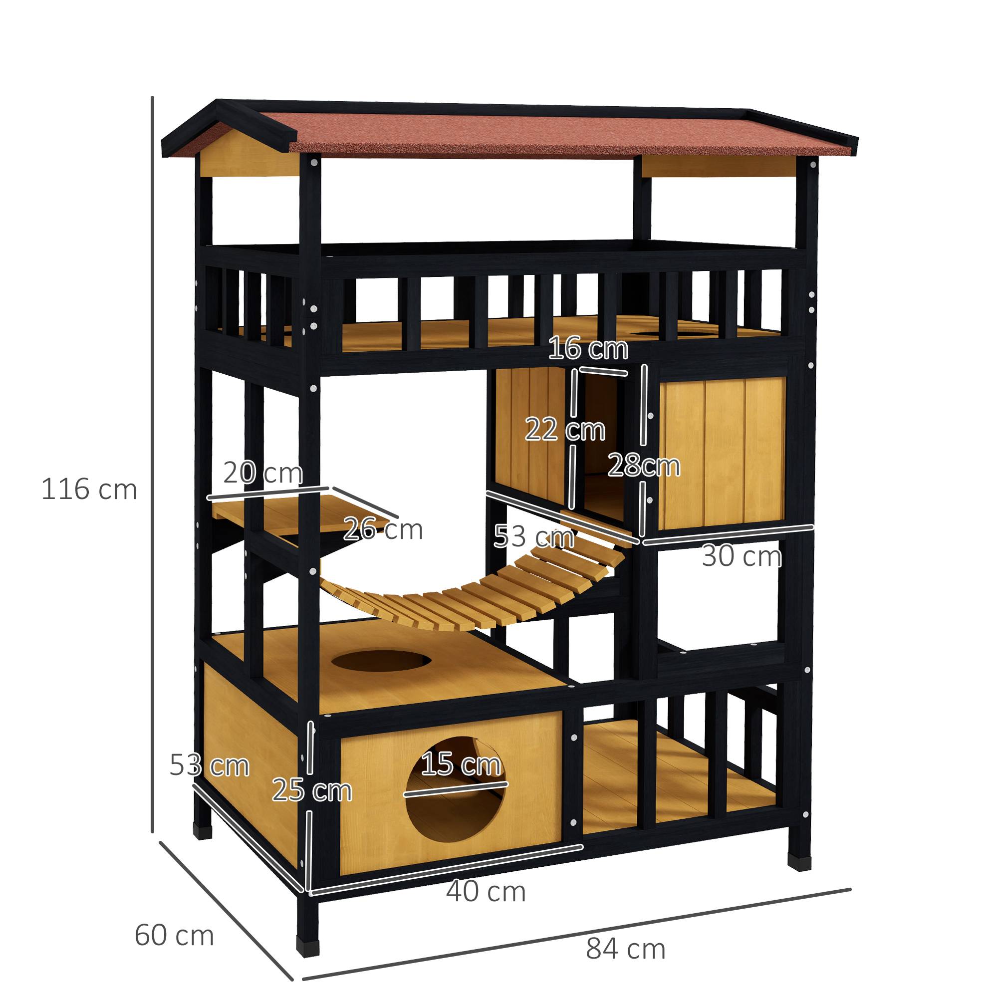 Niche pour chat à 4 niveaux (84 x 60 x 116 cm) avec pont suspendu, balcon et toit en asphalte naturel - Image 5