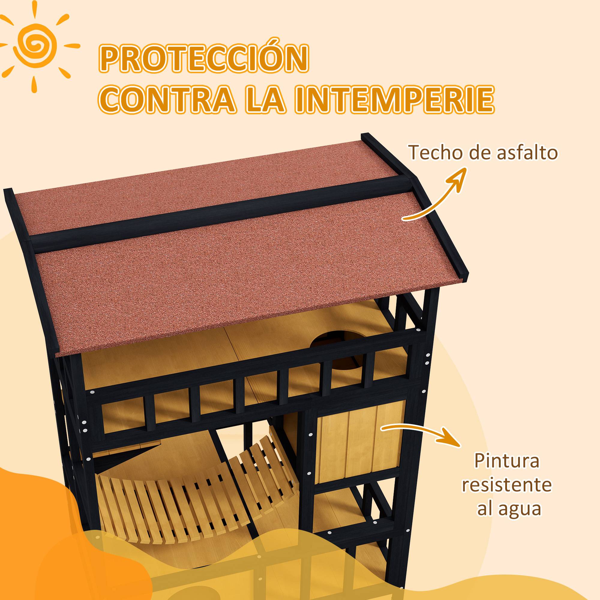 Niche pour chat à 4 niveaux (84 x 60 x 116 cm) avec pont suspendu, balcon et toit en asphalte naturel - Image 7