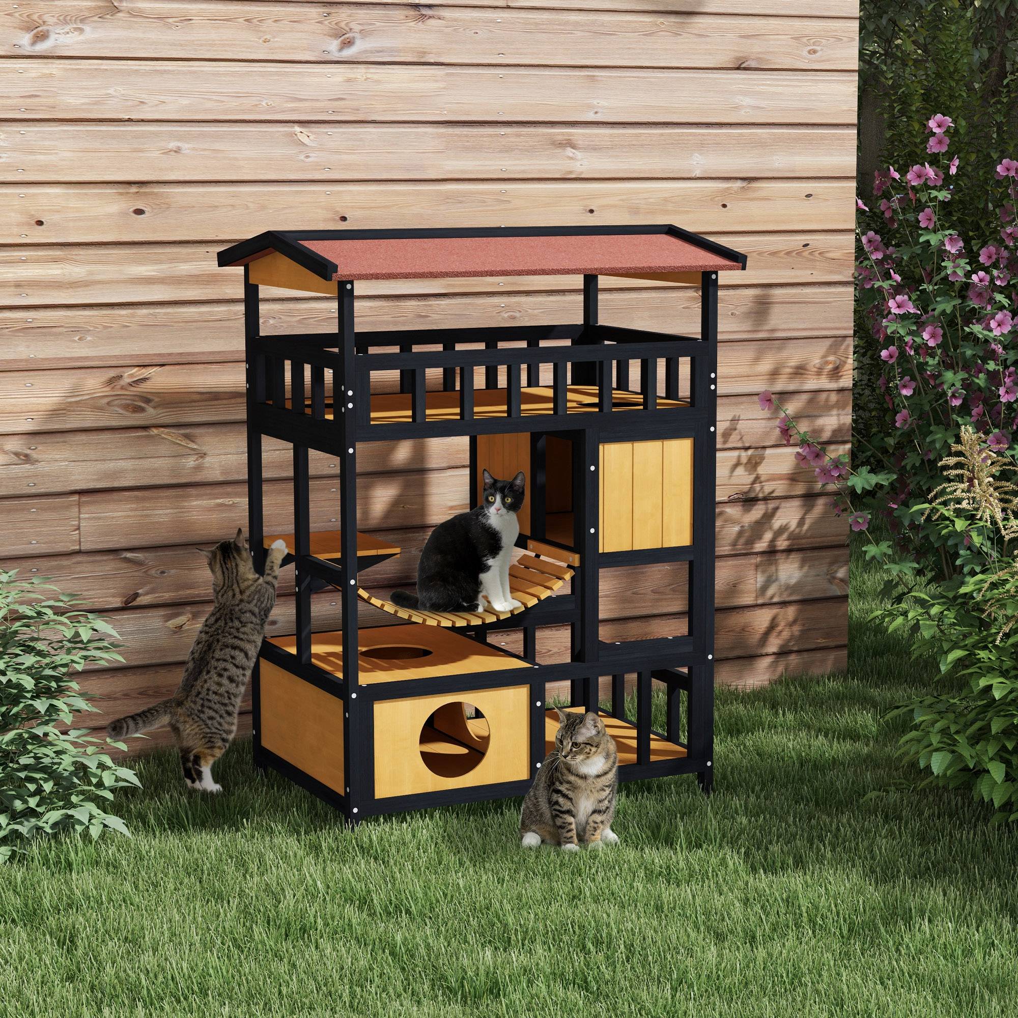 Niche pour chat à 4 niveaux (84 x 60 x 116 cm) avec pont suspendu, balcon et toit en asphalte naturel - Image 3