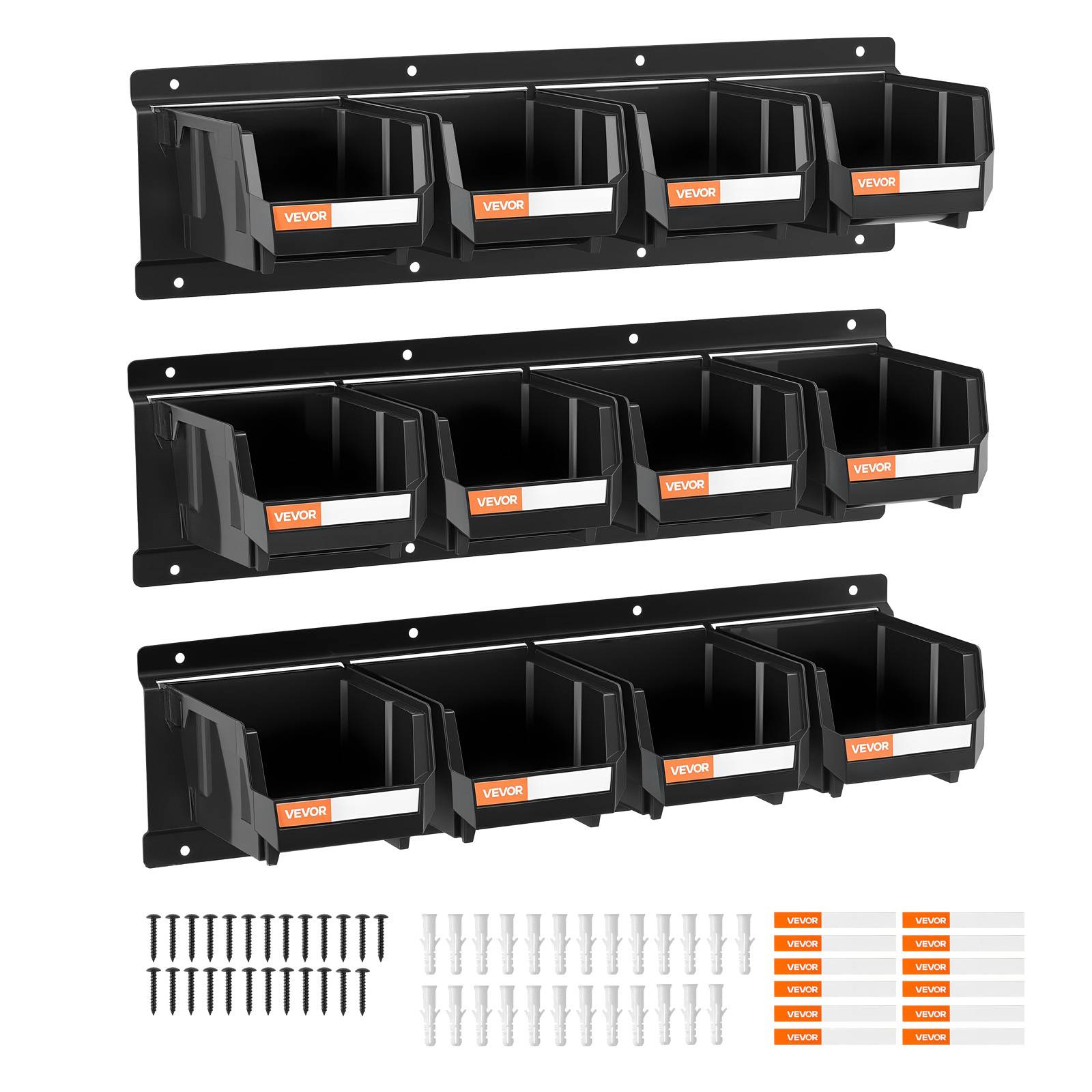 Vevor - VEVOR Bac à bec mural 12 pcs, bacs empilables avec 3 rails métalliques, boîtes plastique pour vis et quincaillerie, noir. - Image 1