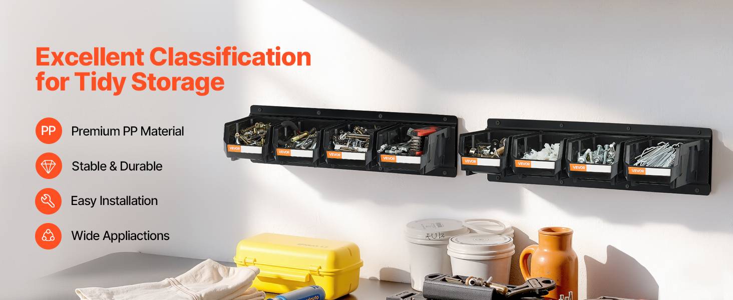 Vevor - VEVOR Bac à bec mural 12 pcs, bacs empilables avec 3 rails métalliques, boîtes plastique pour vis et quincaillerie, noir. - Image 9