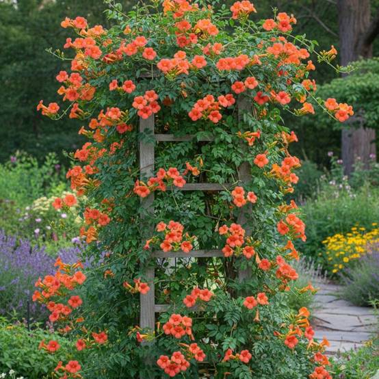 Bignone Madame Galen à fleurs Orange - feuillage Caduc - Pot de 3L - Echelle bambou 60/120 cm- hauteur à maturité De 5,00 m à 10,00 m - Image 2