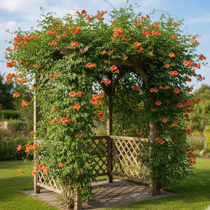 Bignone Madame Galen à fleurs Orange - feuillage Caduc - Pot de 3L - Echelle bambou 60/120 cm-  hauteur à maturité De 5,00 m à 10,00 m - Image 3