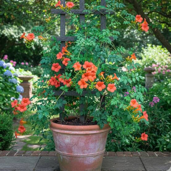 Bignone Madame Galen à fleurs Orange - feuillage Caduc - Pot de 3L - Echelle bambou 60/120 cm- hauteur à maturité De 5,00 m à 10,00 m - Image 4