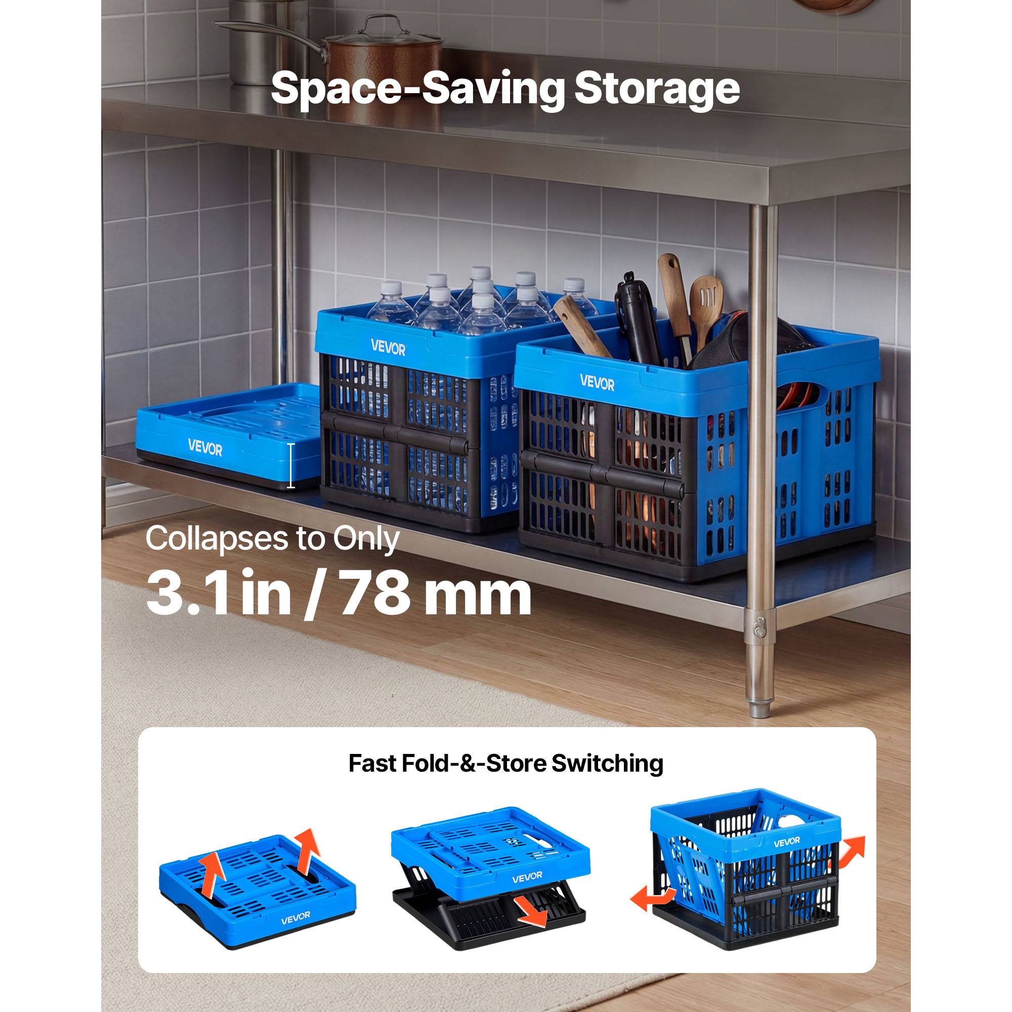 Vevor - Vevor Caisse Plastique Pliable 25 L Lot De 3 Cagette Empilable Rangement Maison - Image 4