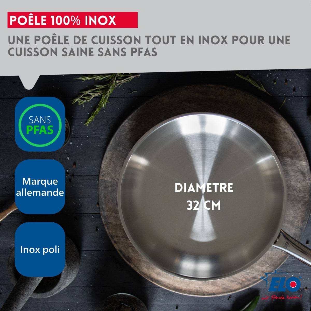 Poêle à frire 32 cm en inox 18/10 et couvercle en verre Elo Profi Therm - Image 3
