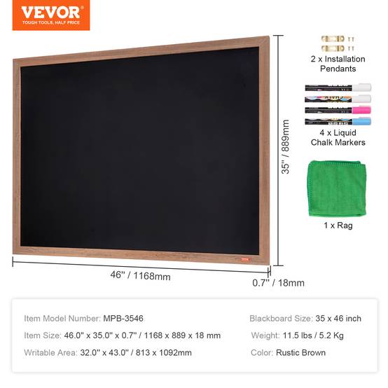 VEVOR Tableau noir magnétique 89x117 cm, cadre bois, 4 marqueurs. - Image 7
