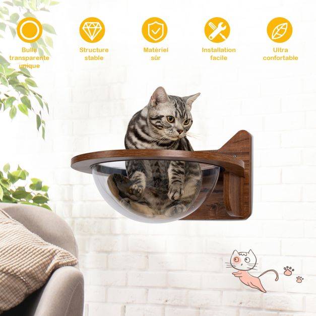 Arbre à chat mural en bois avec bulle transparente acrylique détachable dia. 40 cm couchage suspendu pour chat charge 10 kg - Image 5