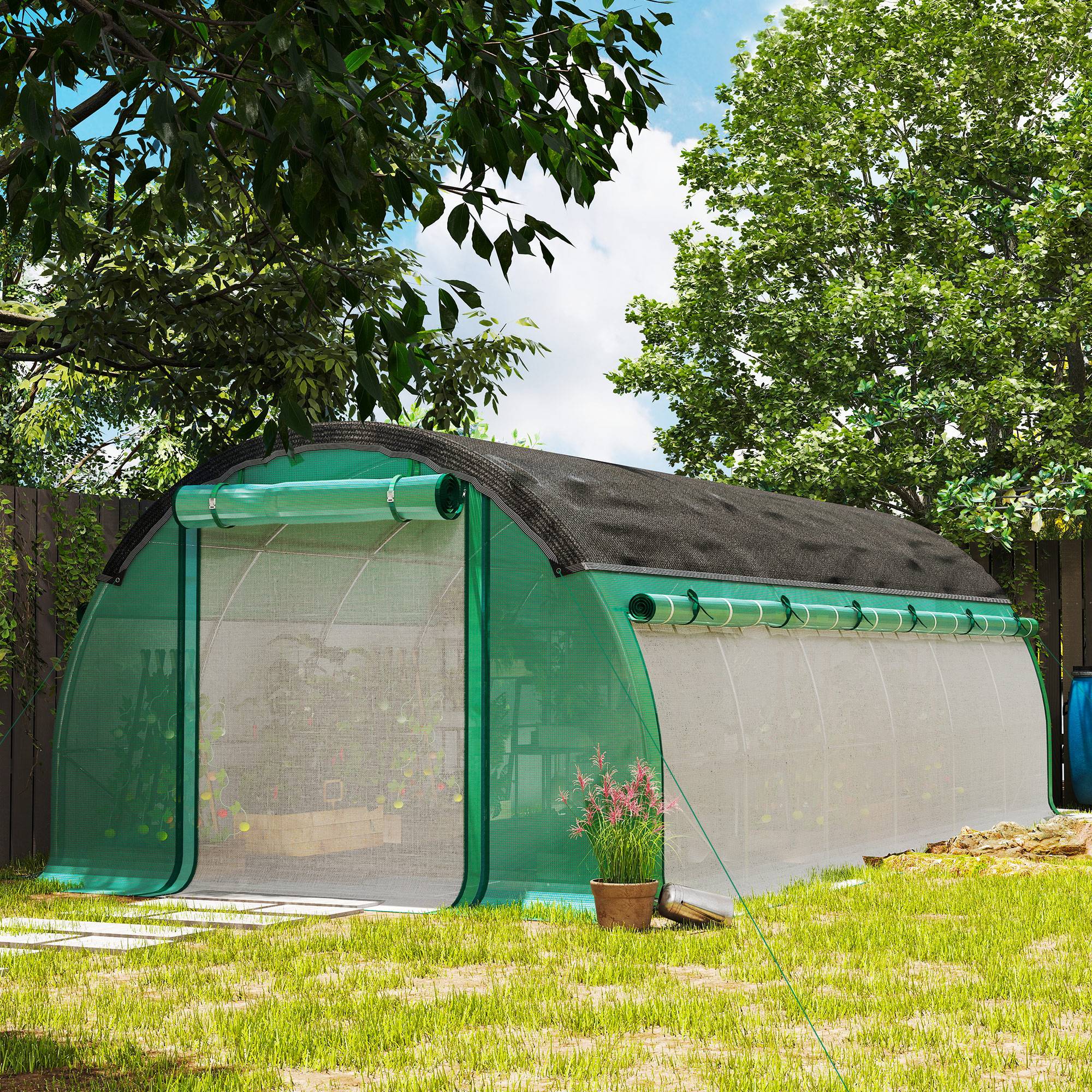 Serre tunnel verte 6x3x2m, structure acier, filet anti-soleil et parois latérales enroulables - Image 3