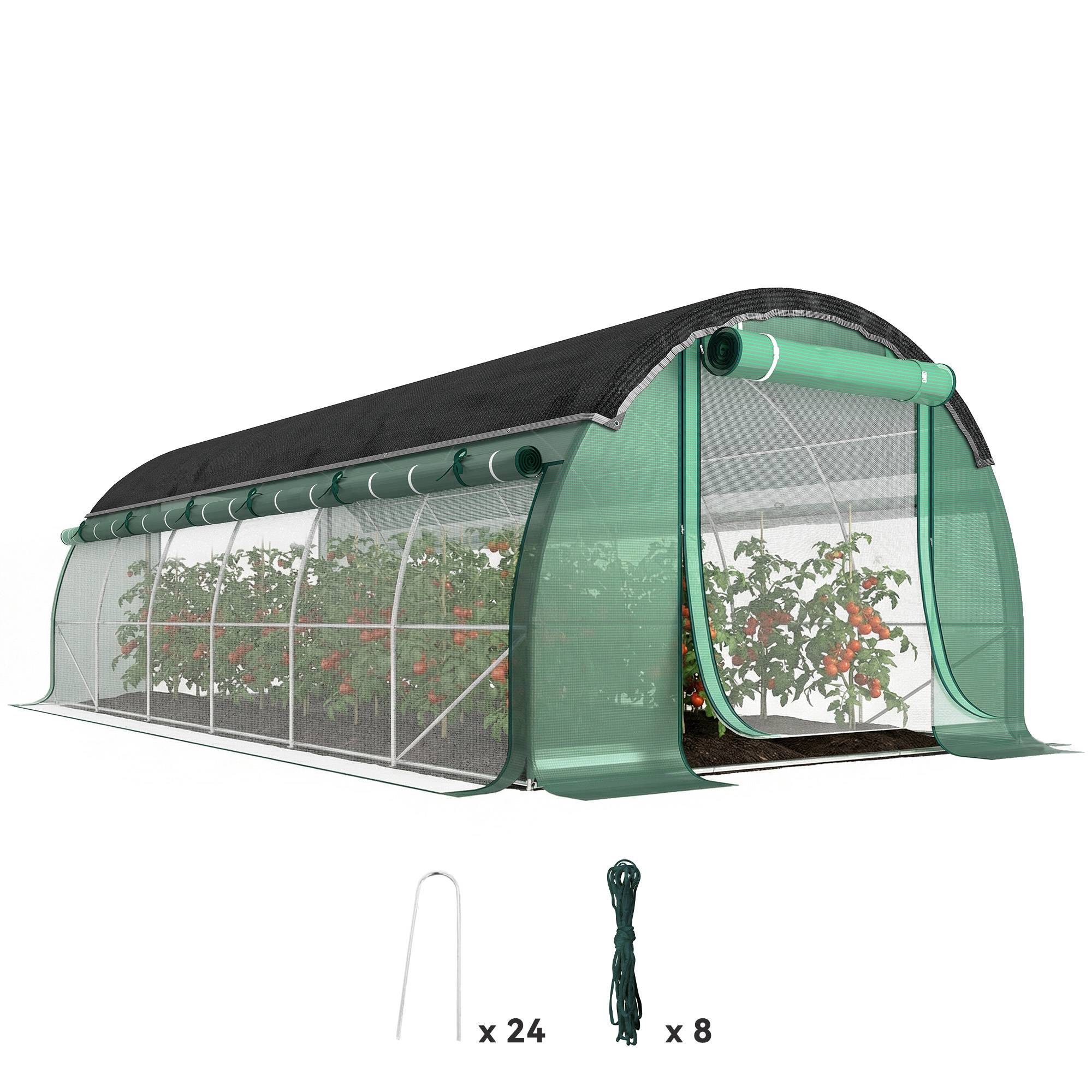 Serre tunnel verte 6x3x2m, structure acier, filet anti-soleil et parois latérales enroulables