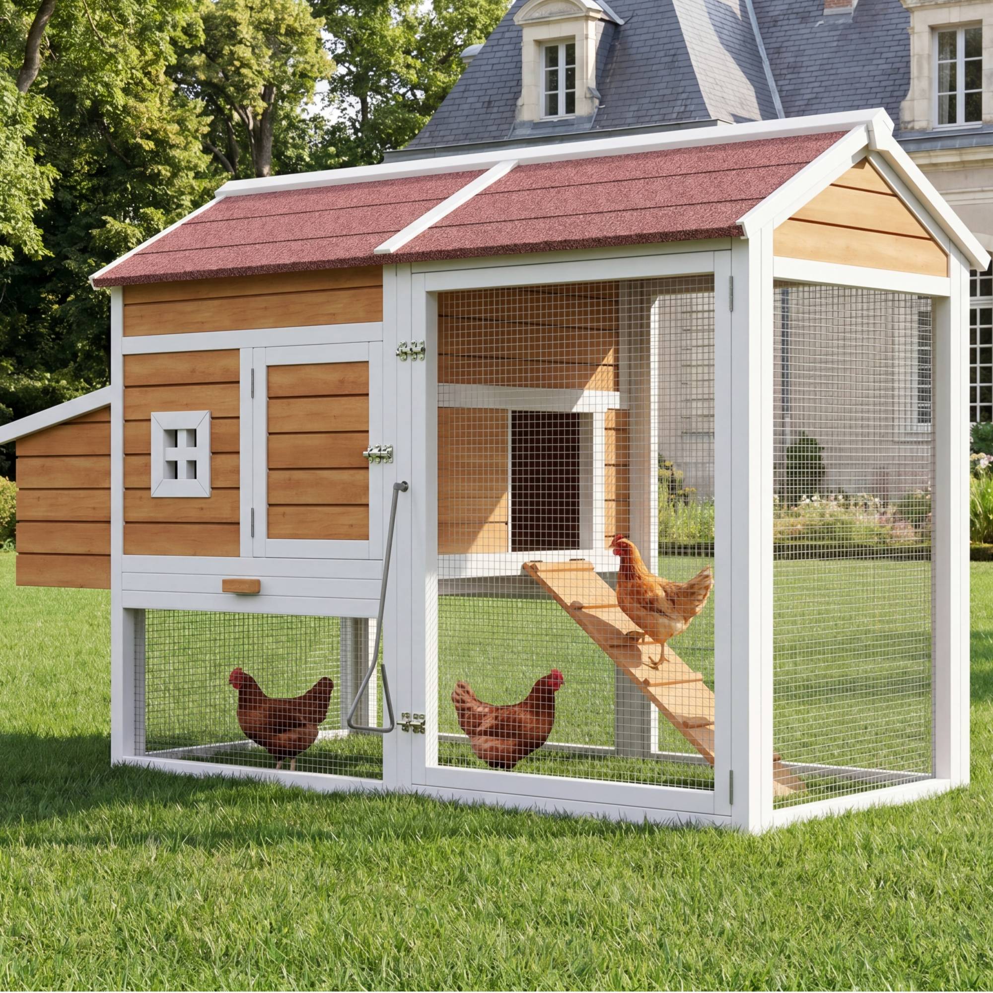 ComfortXL - Poulailler bois de sapin pour 6 poules avec pondoir et enclos 185x91x115cm bois naturel - ComfortXL Outdoor Living - Image 1
