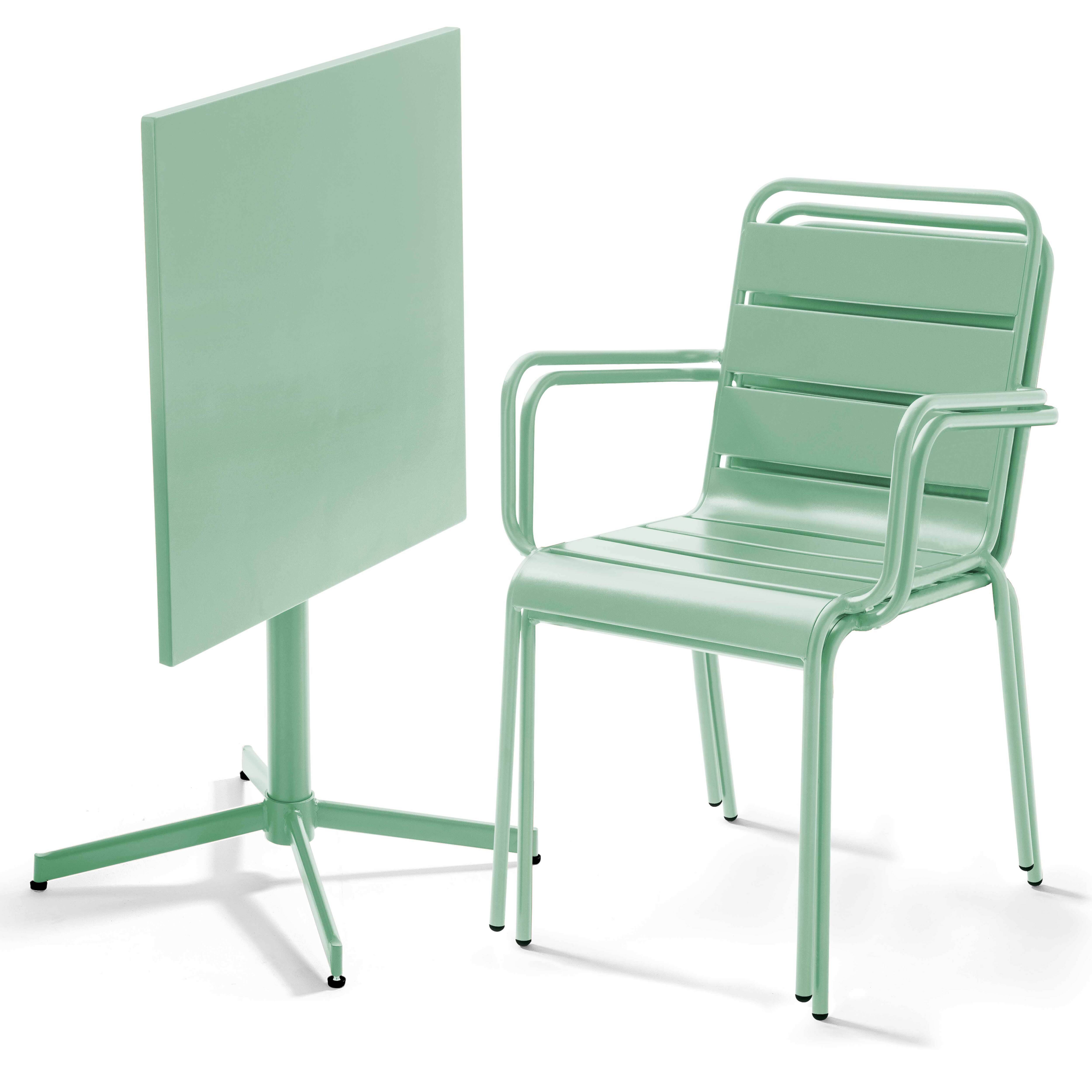 Oviala - Ensemble table de jardin carrée et 2 fauteuils métal vert sauge Palavas - Oviala - Image 2