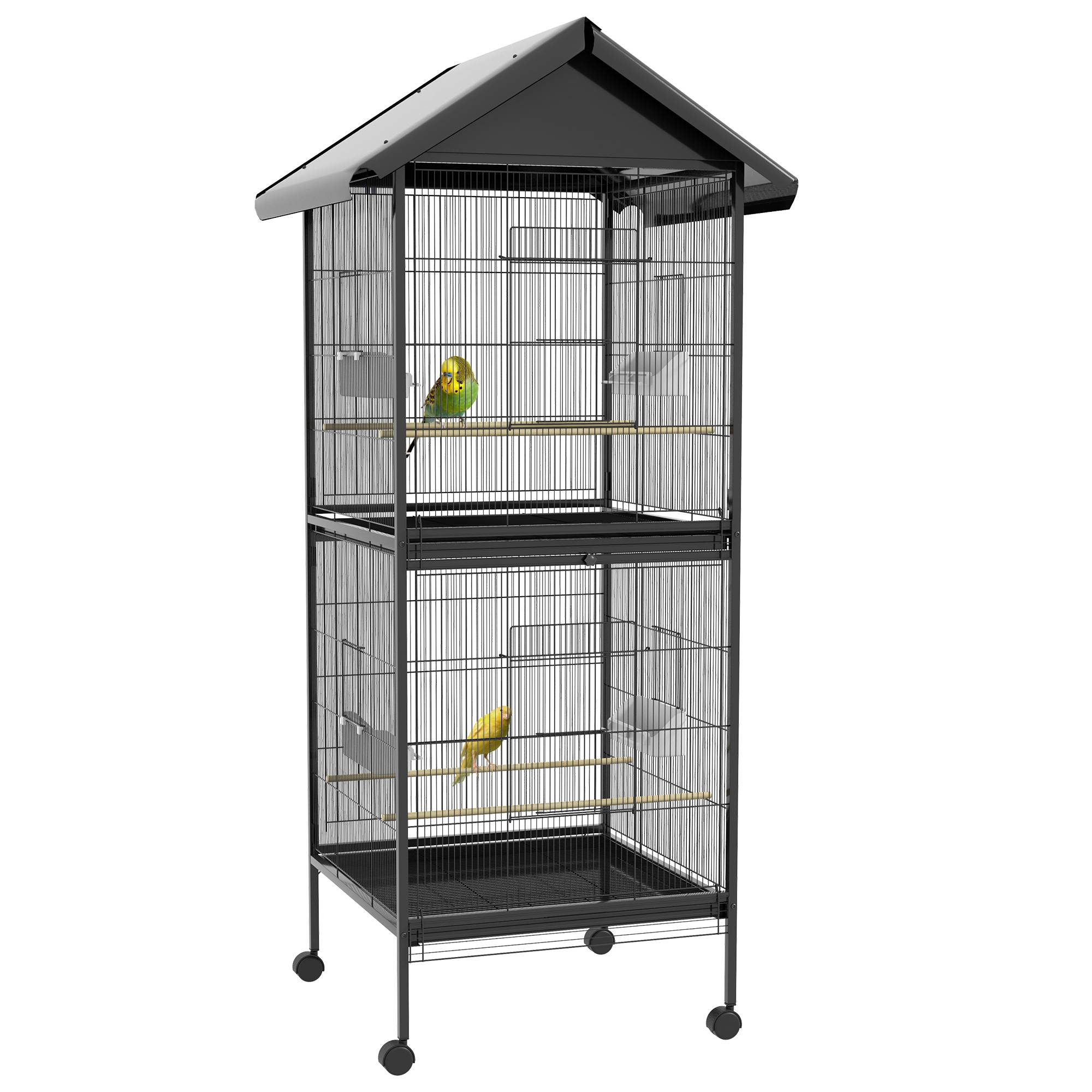 Volière pour oiseaux sur roulettes avec bacs amovibles en plastique et perchoirs, en métal, 71,8x71,8x170,2 cm, noir - Image 1
