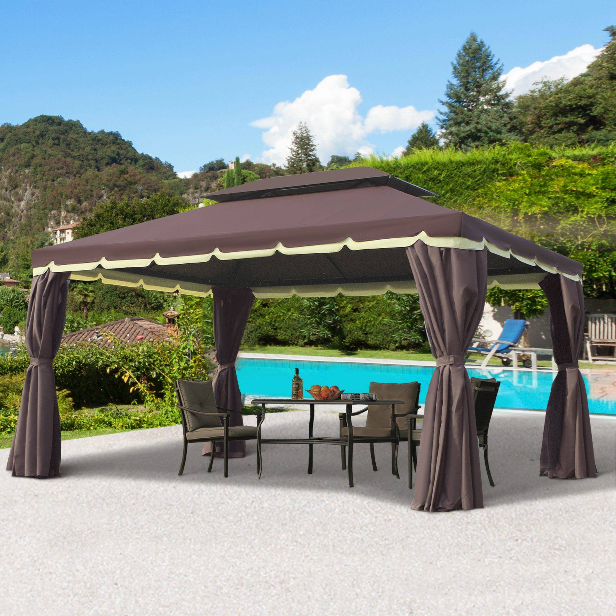 Pavillon jardin pavillon 390x290x280 cm tente jardin tente fête tente fête 4 parois moustiquaire résistant alu polyester café+noir - Image 3