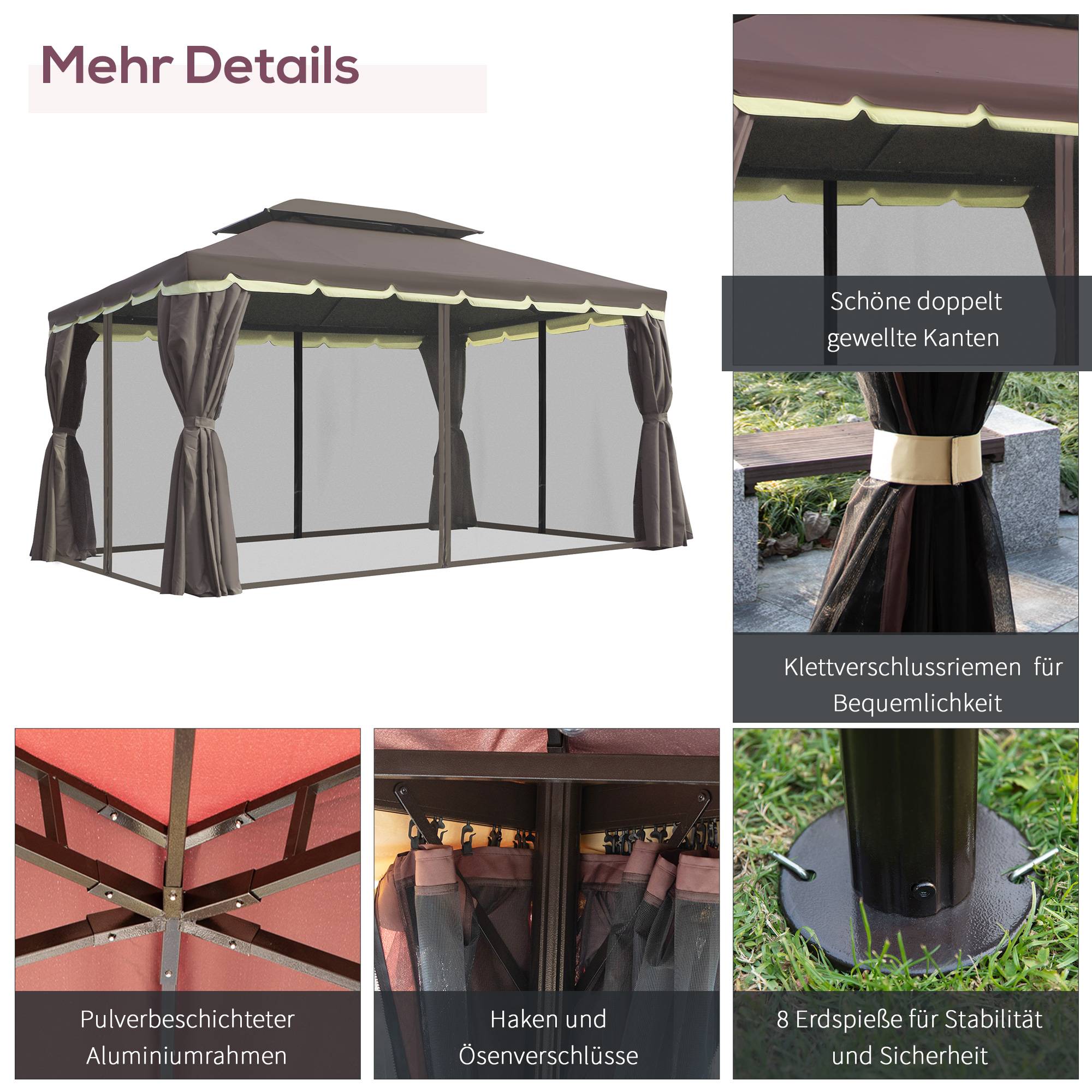 Pavillon jardin pavillon 390x290x280 cm tente jardin tente fête tente fête 4 parois moustiquaire résistant alu polyester café+noir - Image 6
