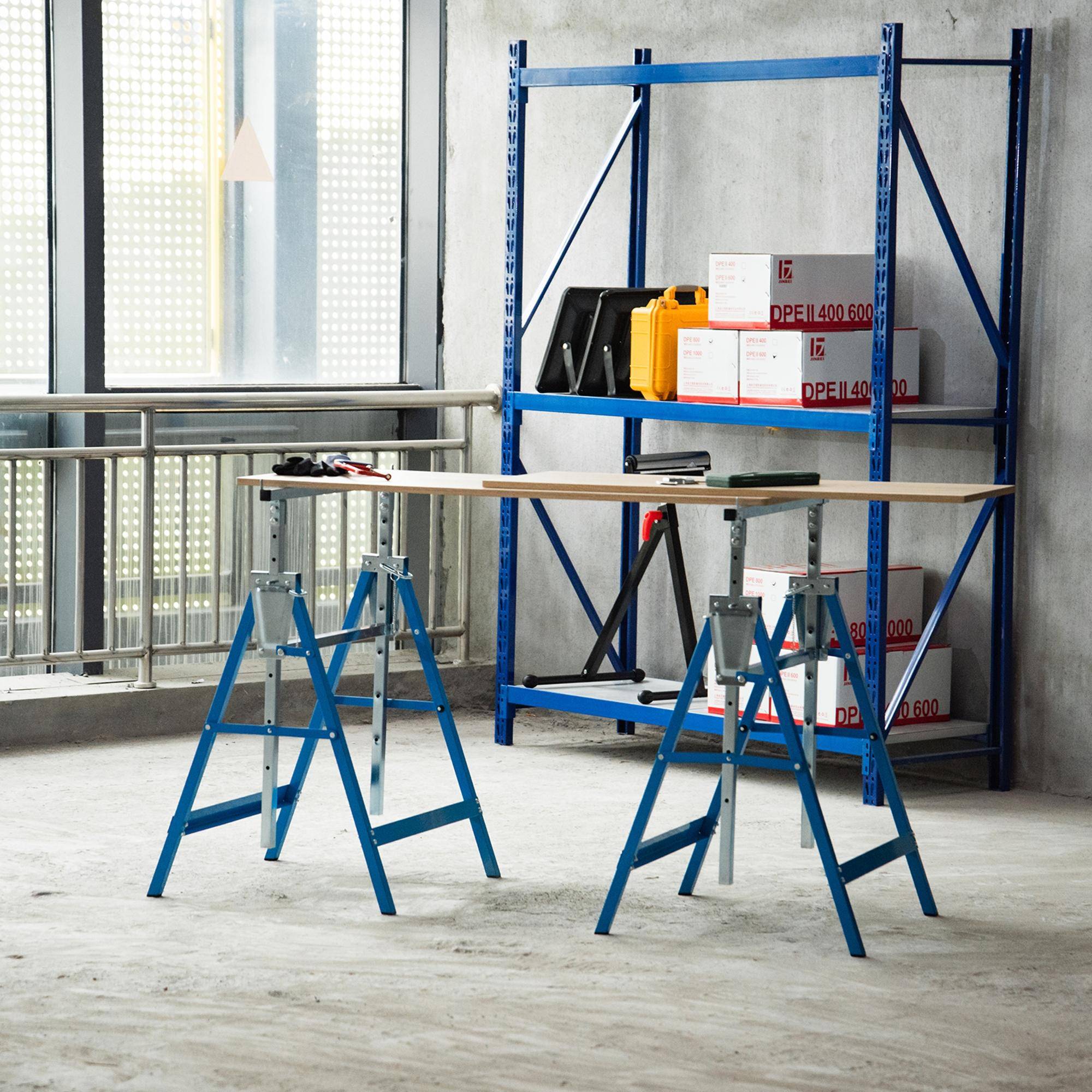 ComfortXL - Lot de 2 tréteaux télescopiques pliants en acier Q195 bleu et argent 80 à 130 cm pour atelier et jardin - Image 1