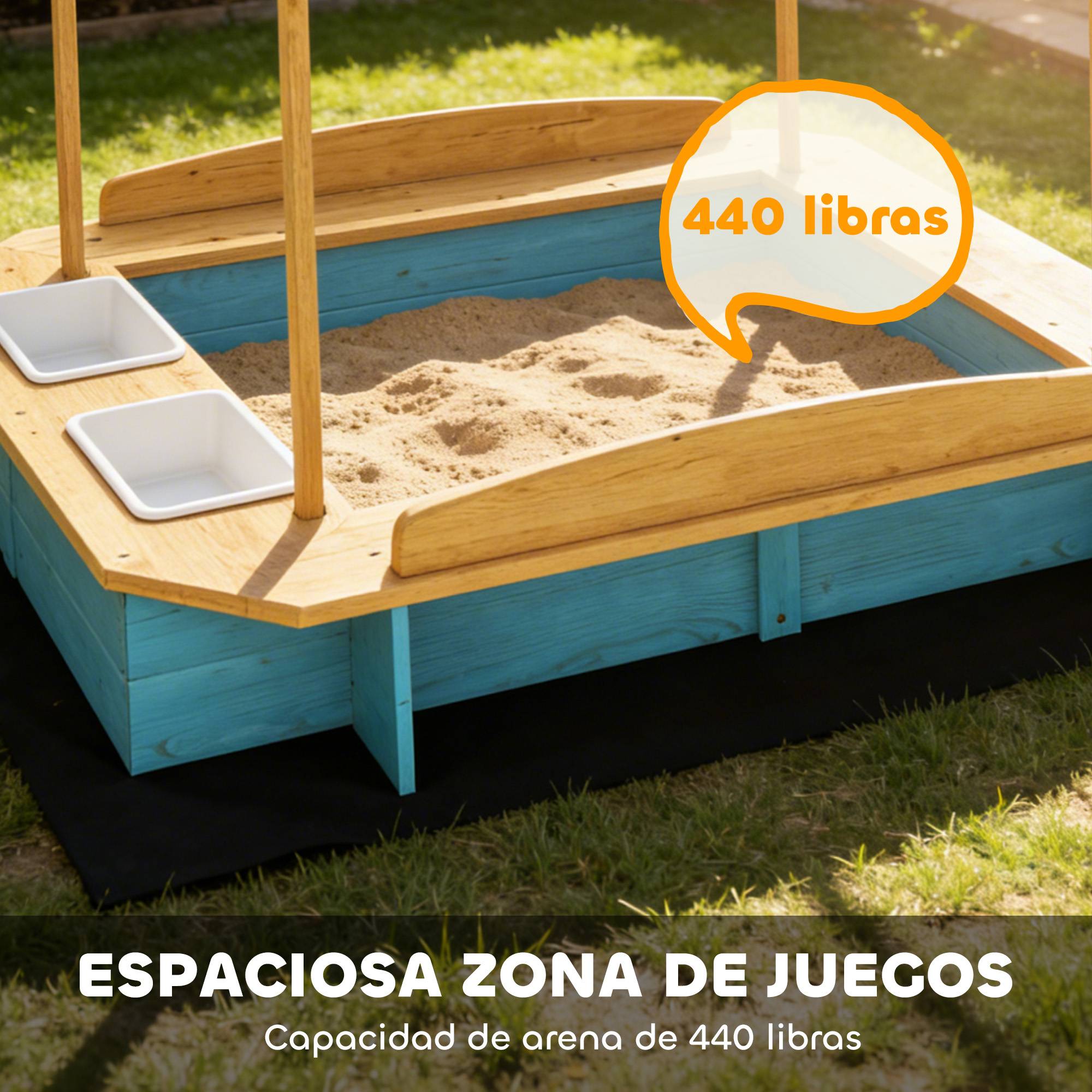 Bac à sable bleu toit 3 bancs 2 caisses rangement doublure fournie 3–6 ans 128 × 118 × 121 cm - Image 6