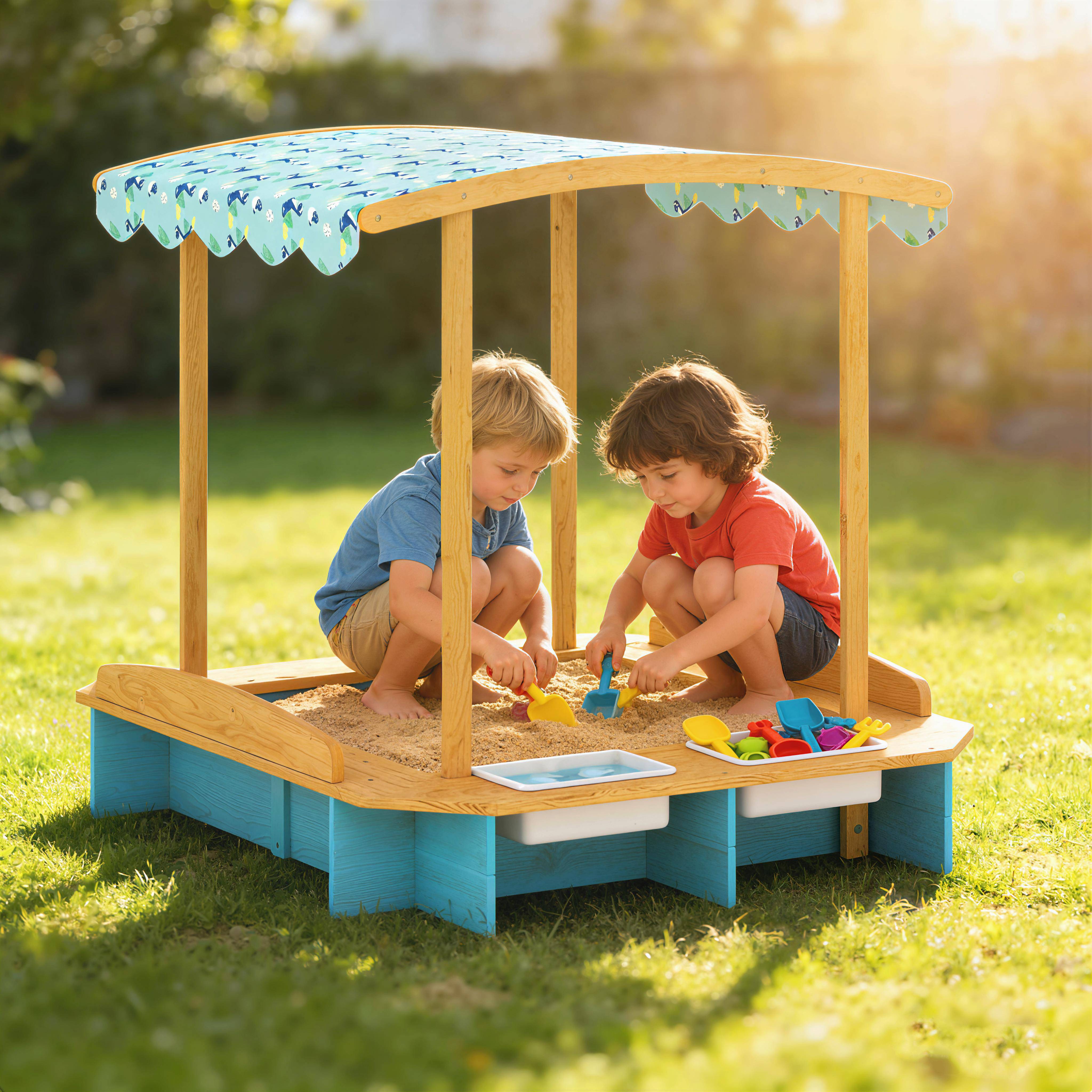 Bac à sable bleu toit 3 bancs 2 caisses rangement doublure fournie 3–6 ans 128 × 118 × 121 cm - Image 4