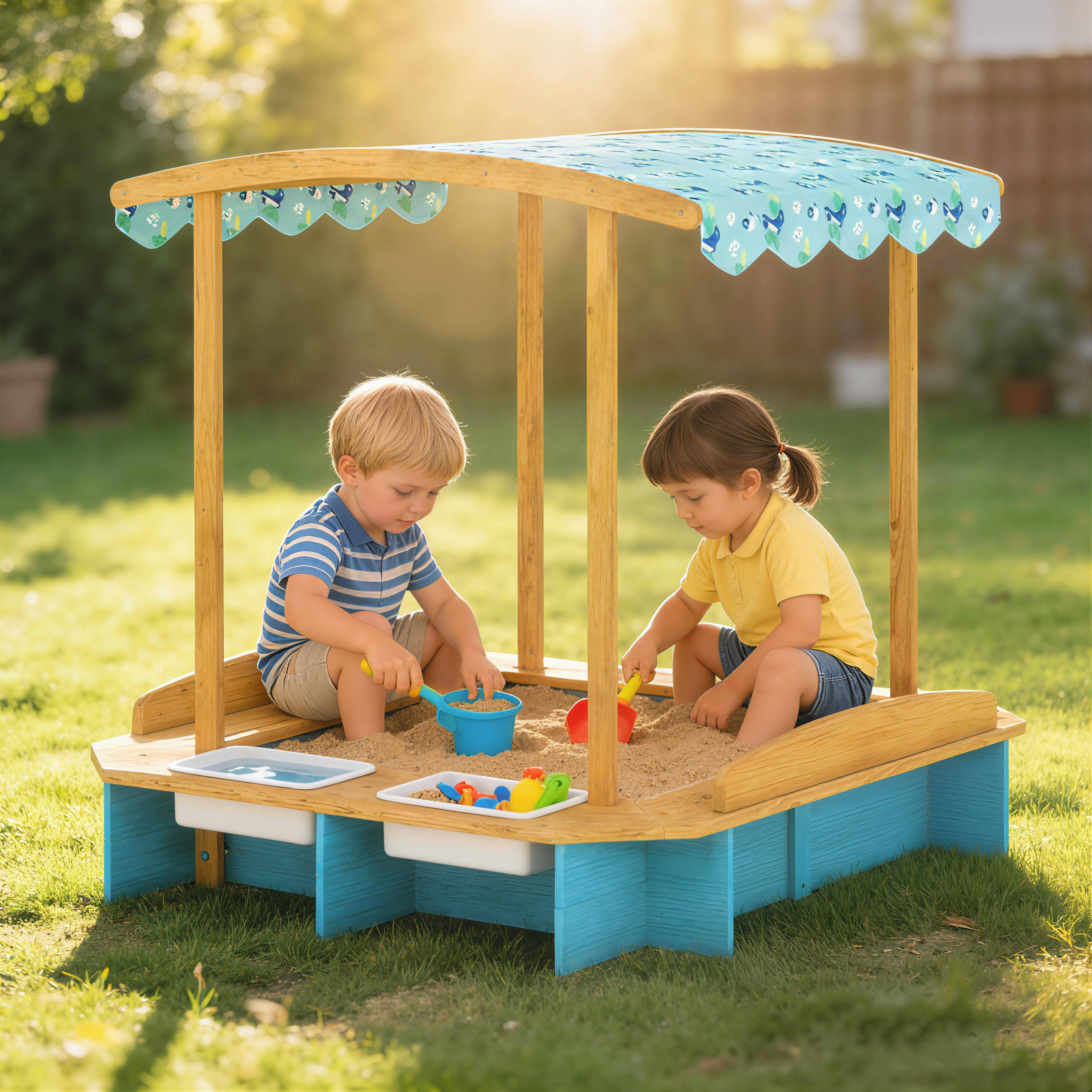 Bac à sable bleu toit 3 bancs 2 caisses rangement doublure fournie 3–6 ans 128 × 118 × 121 cm - Image 3