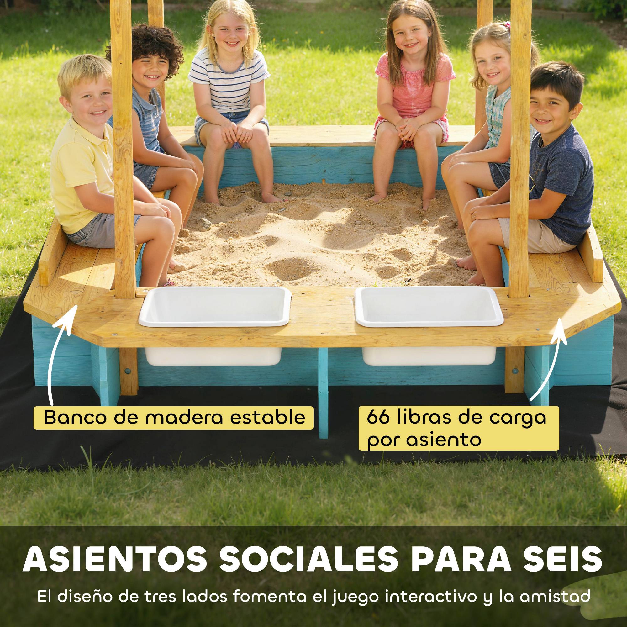 Bac à sable bleu toit 3 bancs 2 caisses rangement doublure fournie 3–6 ans 128 × 118 × 121 cm - Image 7