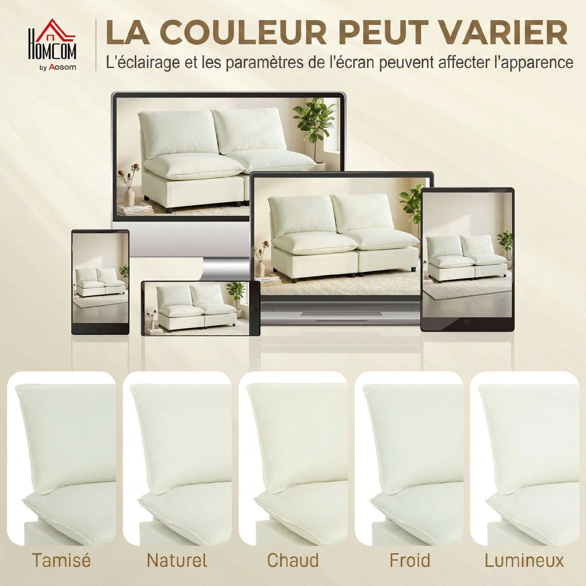 Canapé 2 places modulable, canapé de salon moderne 146 cm sans accoudoirs avec assise large, coussins épais, crème - Image 9