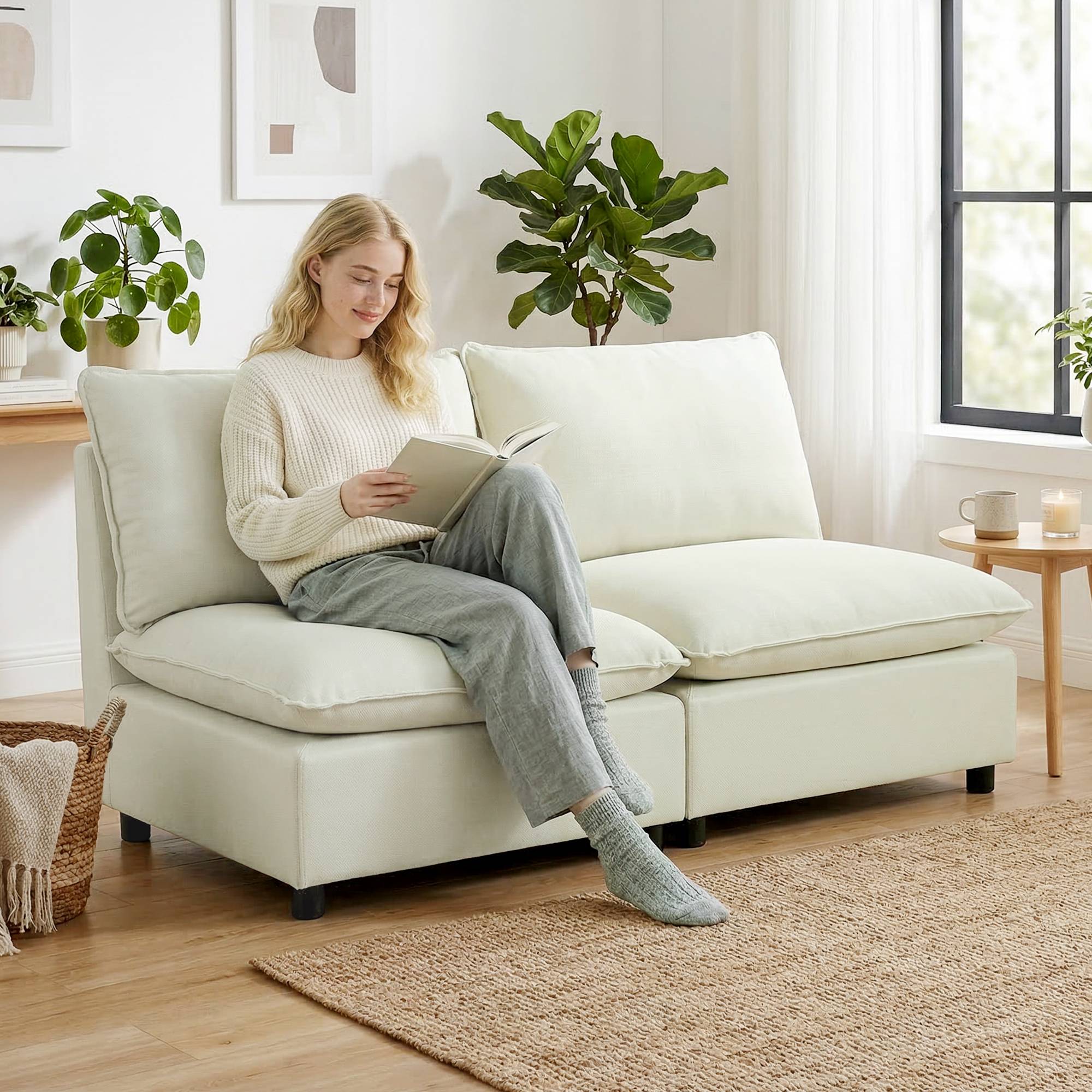 Canapé 2 places modulable, canapé de salon moderne 146 cm sans accoudoirs avec assise large, coussins épais, crème - Image 3
