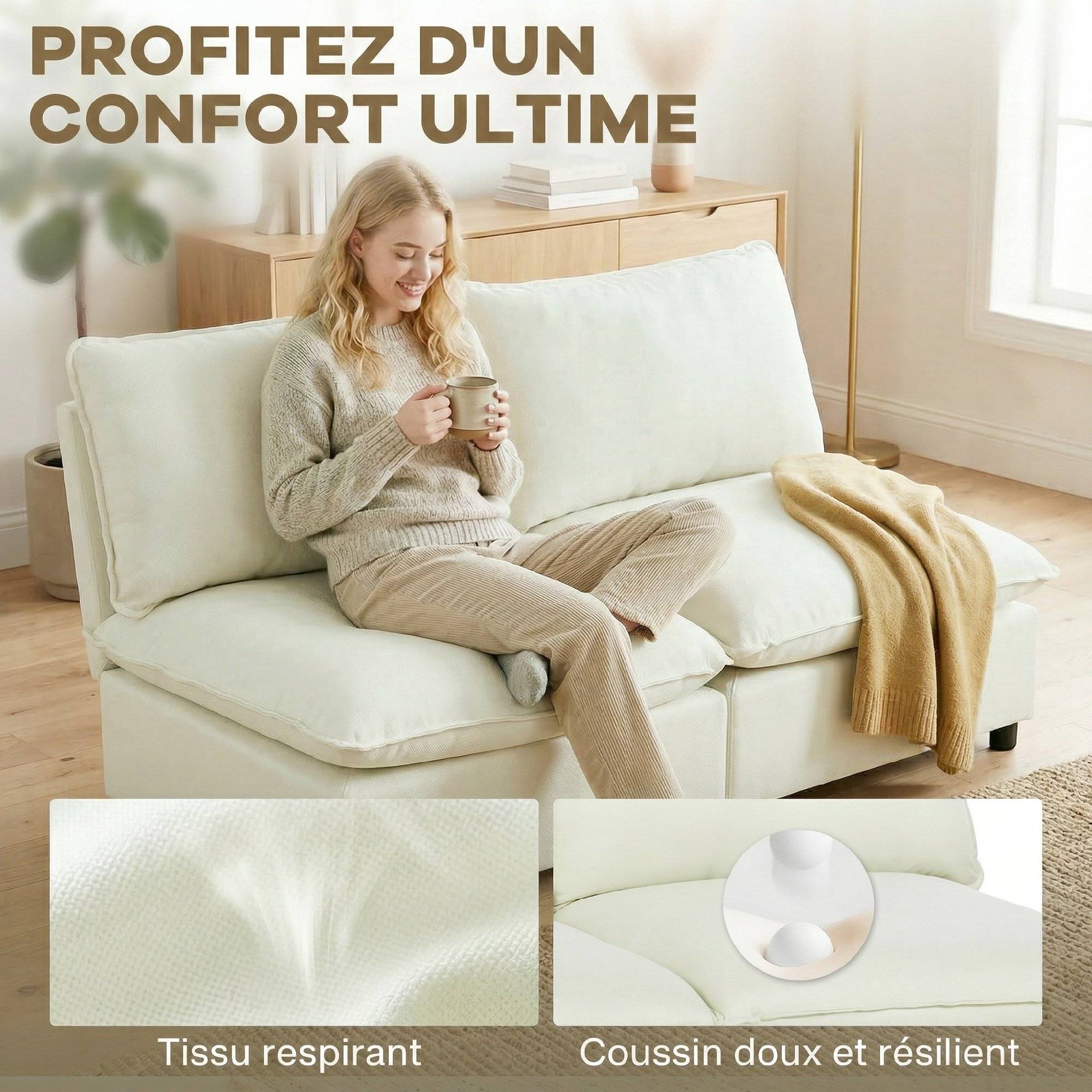 Canapé 2 places modulable, canapé de salon moderne 146 cm sans accoudoirs avec assise large, coussins épais, crème - Image 8