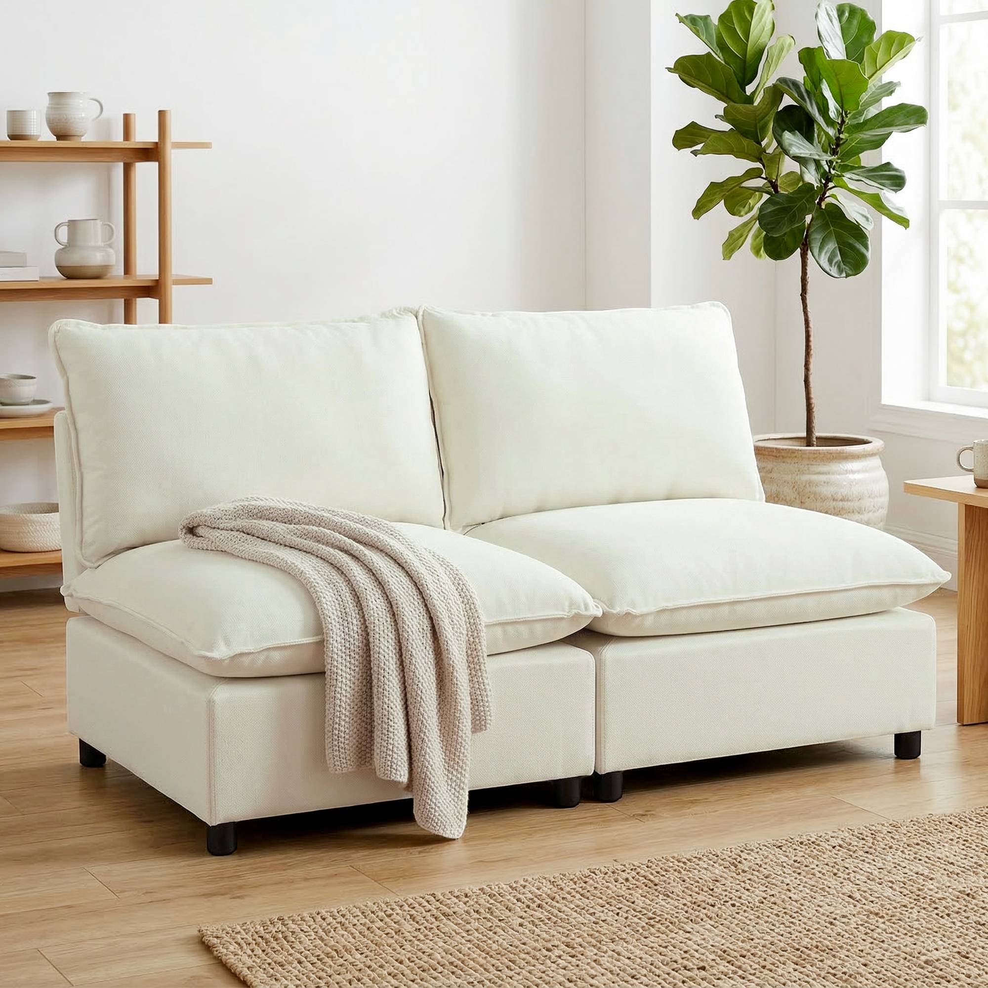 Canapé 2 places modulable, canapé de salon moderne 146 cm sans accoudoirs avec assise large, coussins épais, crème - Image 4