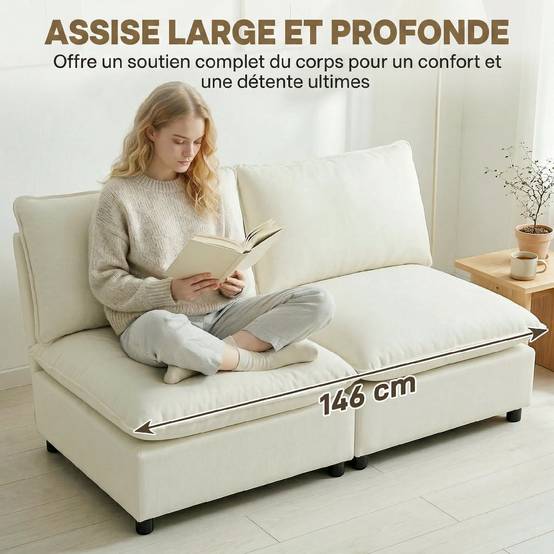 Canapé 2 places modulable, canapé de salon moderne 146 cm sans accoudoirs avec assise large, coussins épais, crème - Image 7