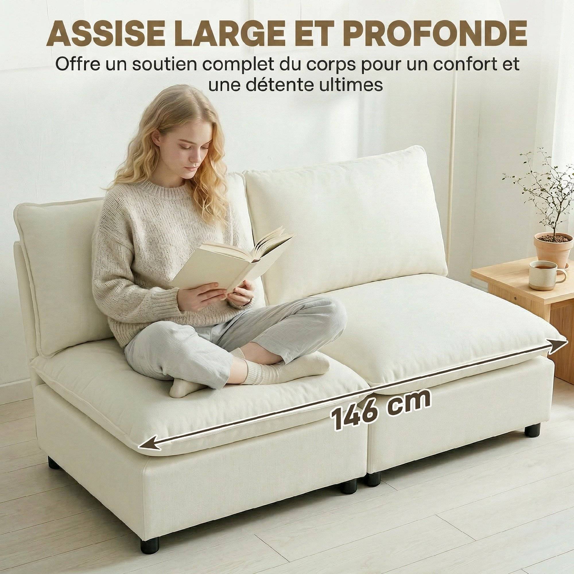 Canapé 2 places modulable, canapé de salon moderne 146 cm sans accoudoirs avec assise large, coussins épais, crème - Image 7