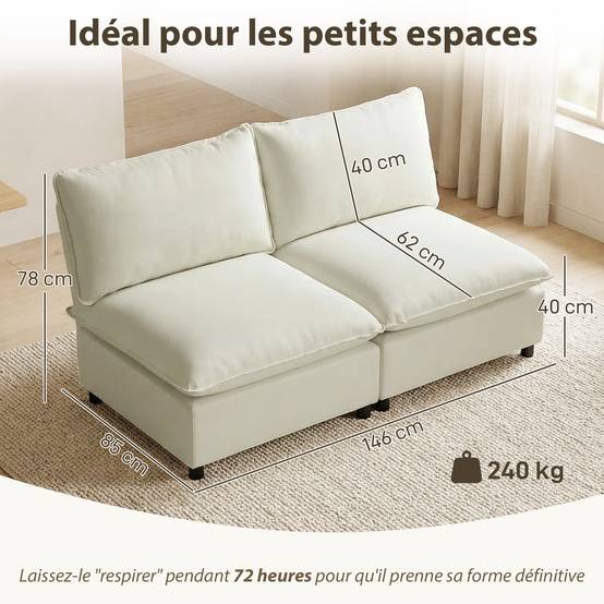 Canapé 2 places modulable, canapé de salon moderne 146 cm sans accoudoirs avec assise large, coussins épais, crème - Image 5