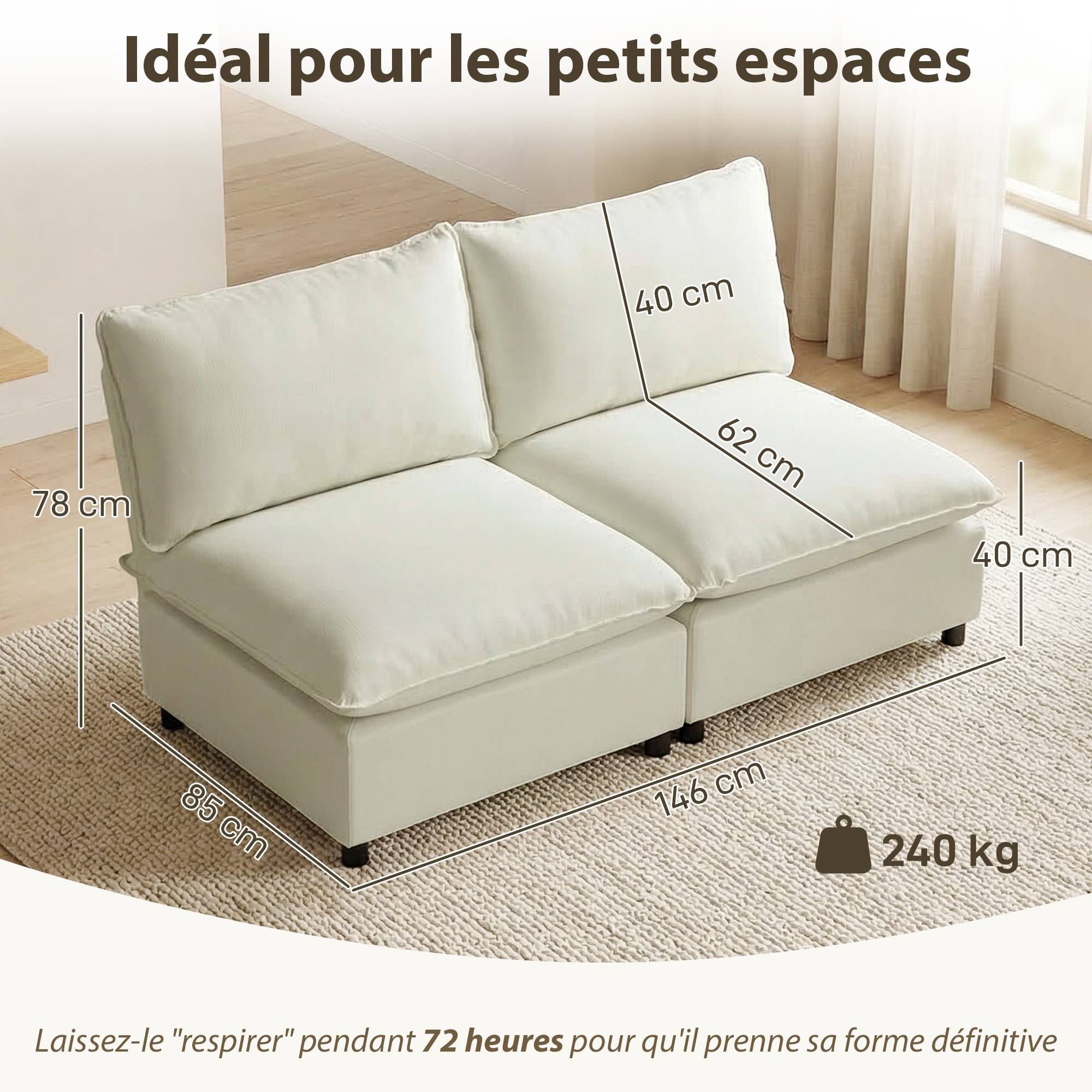 Canapé 2 places modulable, canapé de salon moderne 146 cm sans accoudoirs avec assise large, coussins épais, crème - Image 5