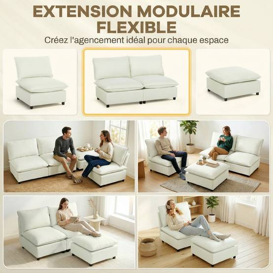 Canapé 2 places modulable, canapé de salon moderne 146 cm sans accoudoirs avec assise large, coussins épais, crème - Image 6