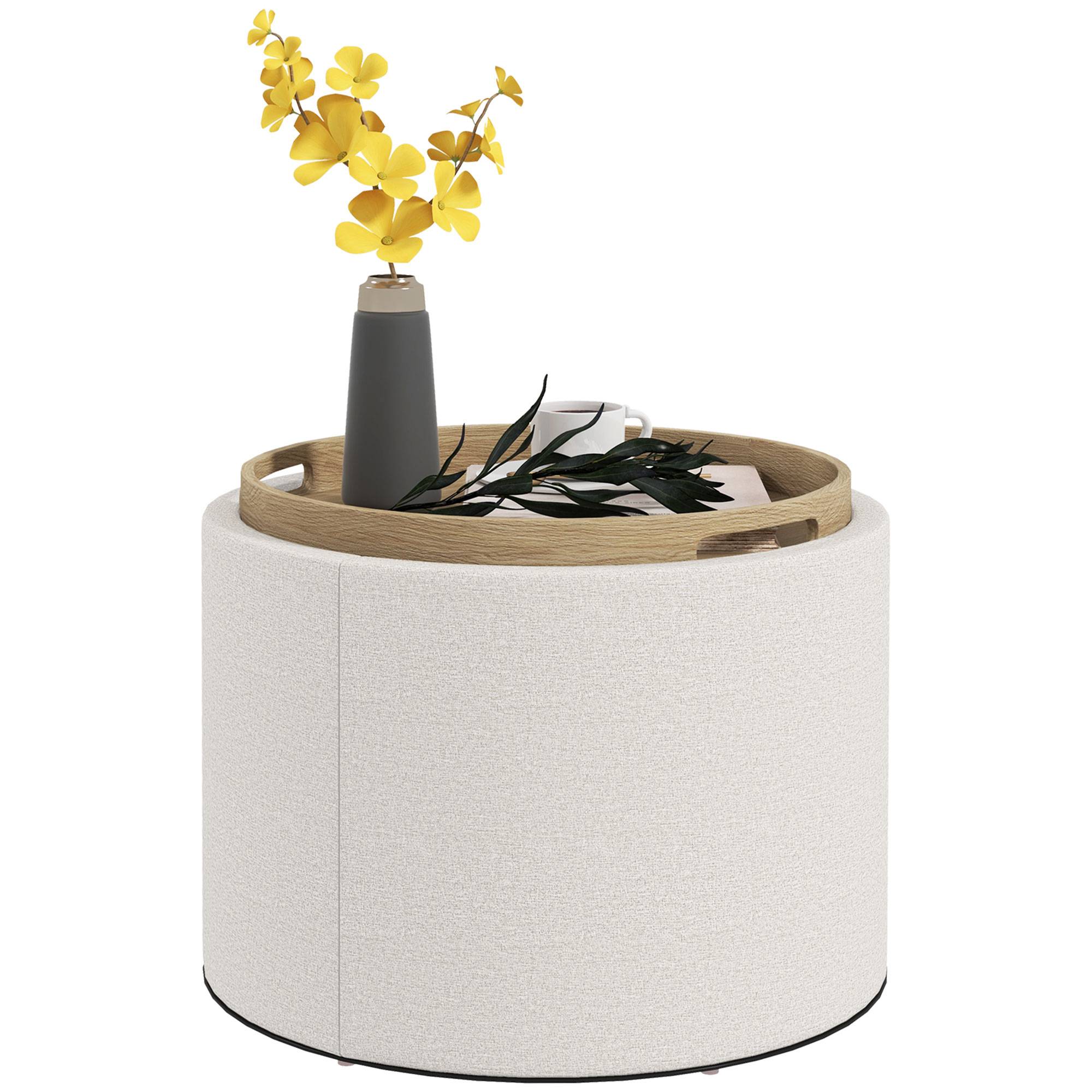 Tabouret rembourré en lin, rangement dissimulé, couvercle réversible, 56 cm x 56 cm x 42 cm, crème et naturel - Image 2