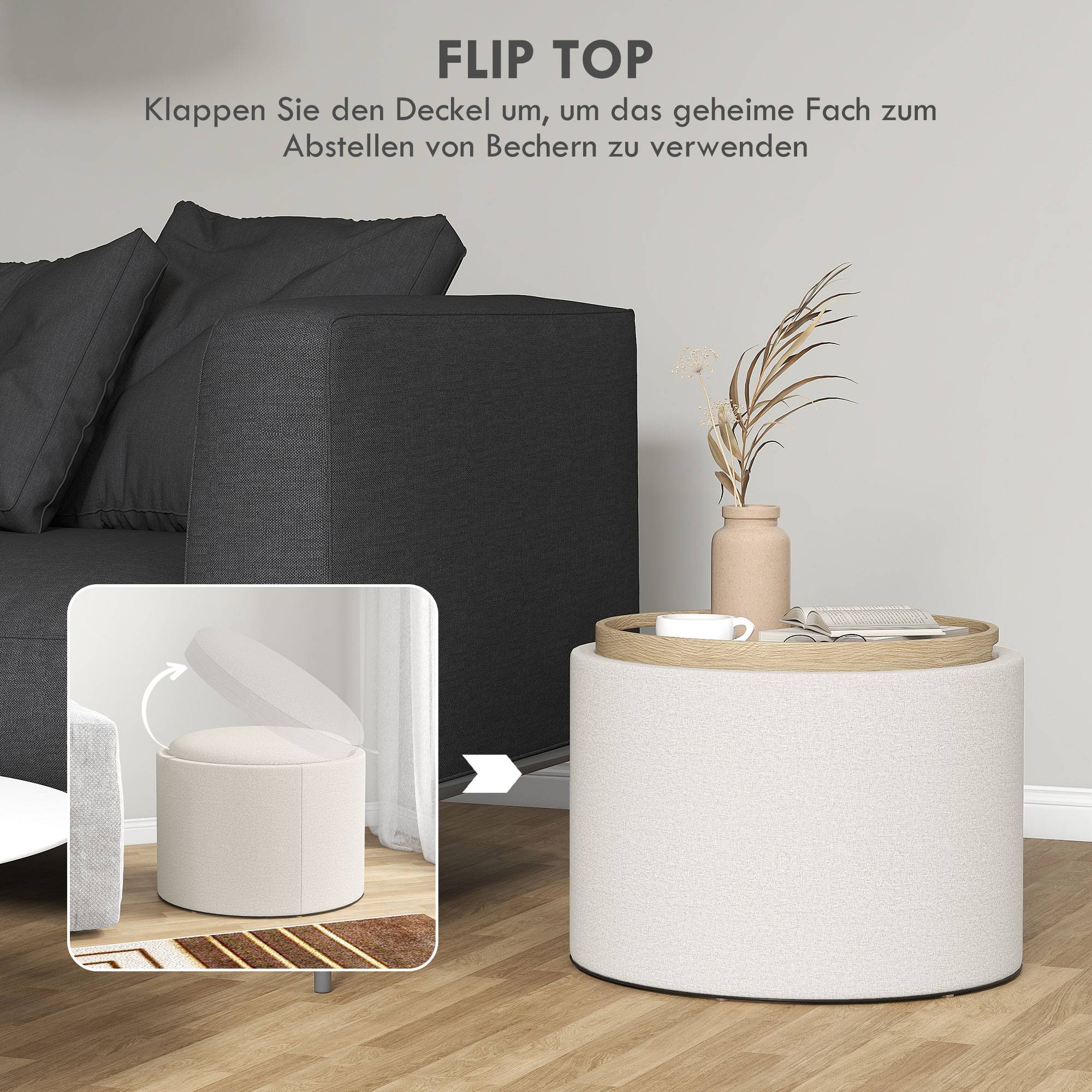 Tabouret rembourré en lin, rangement dissimulé, couvercle réversible, 56 cm x 56 cm x 42 cm, crème et naturel - Image 6