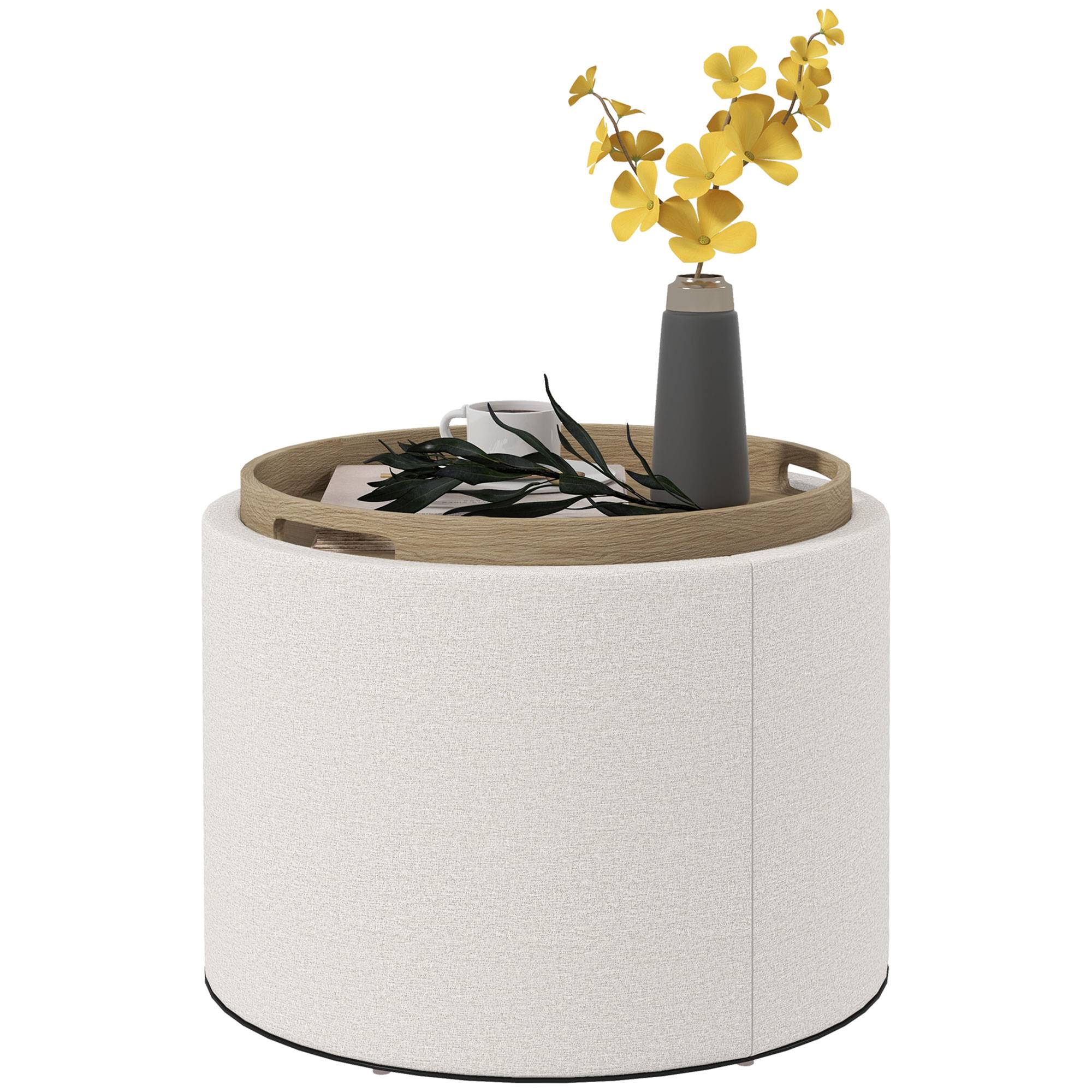 Tabouret rembourré en lin, rangement dissimulé, couvercle réversible, 56 cm x 56 cm x 42 cm, crème et naturel - Image 1