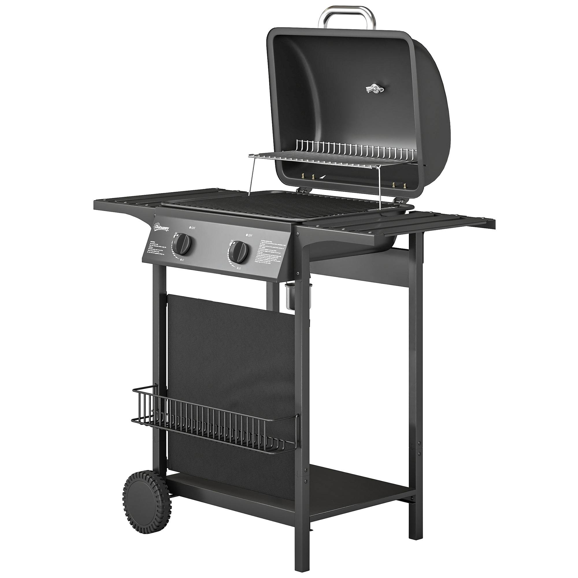 Barbecue à gaz, 2 brûleurs, tablettes latérales, bac de récupération des graisses, noir. - Image 2