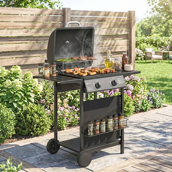 Barbecue à gaz, 2 brûleurs, tablettes latérales, bac de récupération des graisses, noir. - Image 10