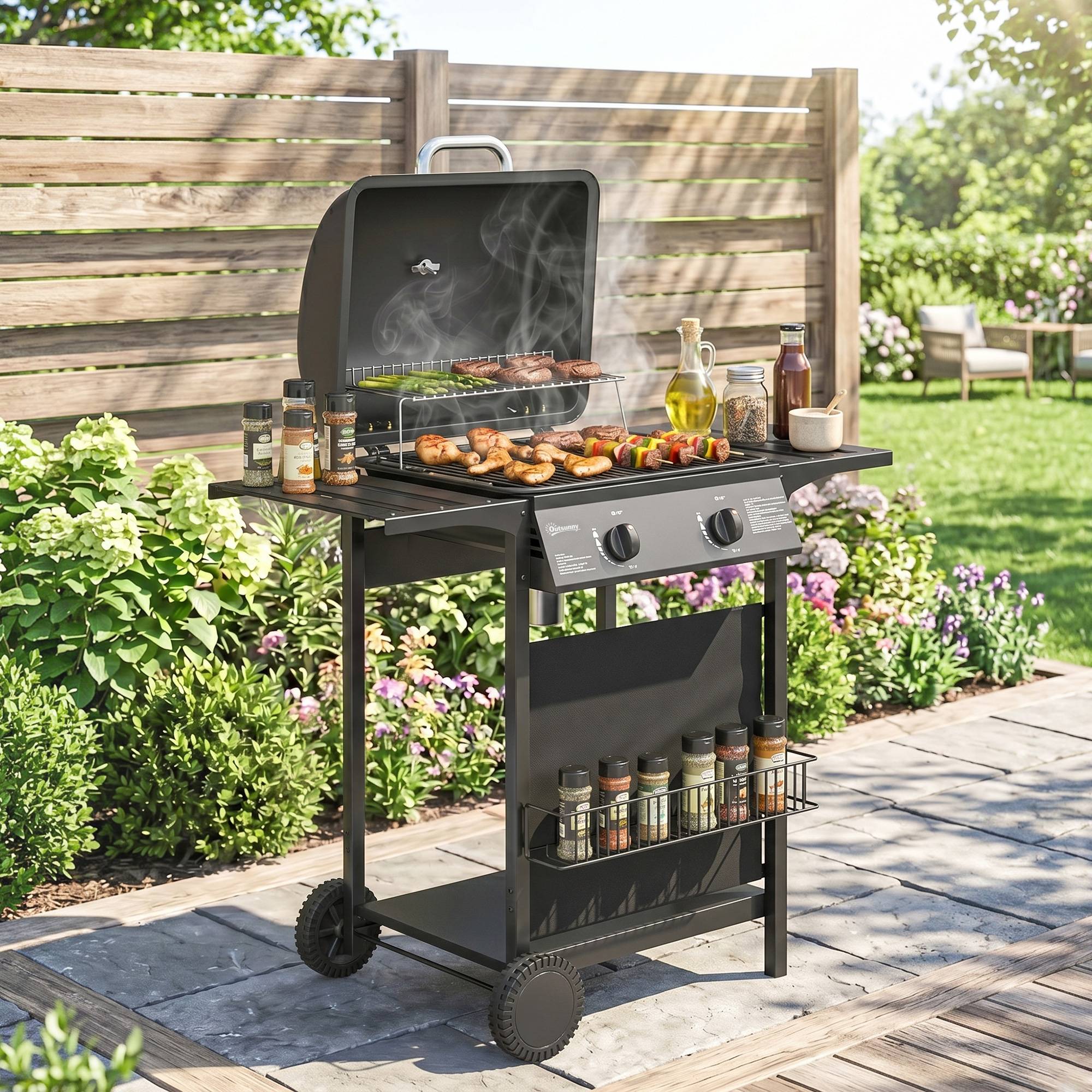 Barbecue à gaz, 2 brûleurs, tablettes latérales, bac de récupération des graisses, noir. - Image 10