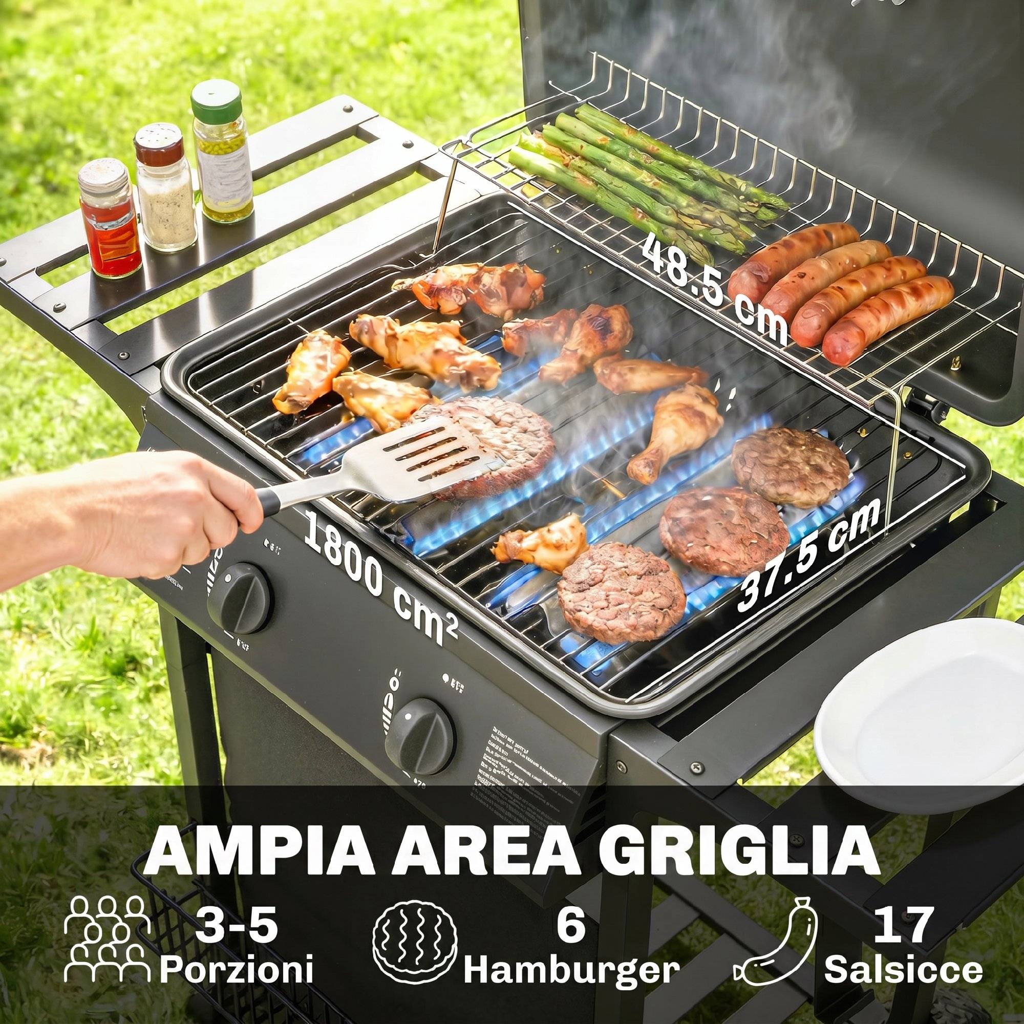 Barbecue à gaz, 2 brûleurs, tablettes latérales, bac de récupération des graisses, noir. - Image 6