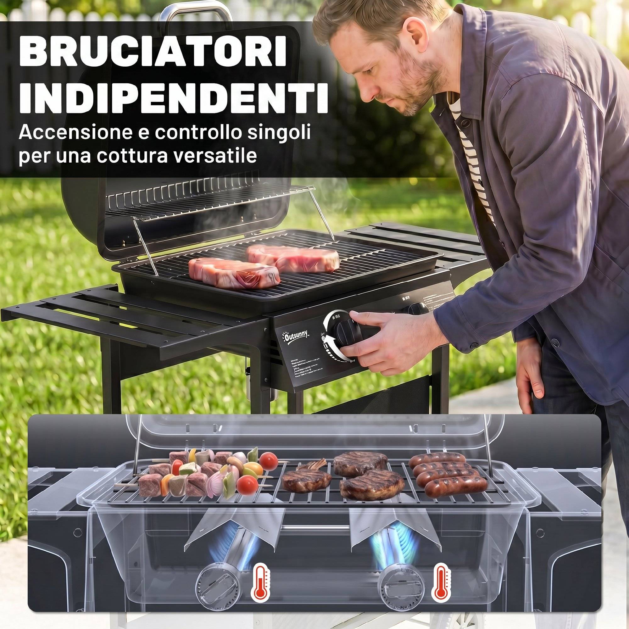 Barbecue à gaz, 2 brûleurs, tablettes latérales, bac de récupération des graisses, noir. - Image 7