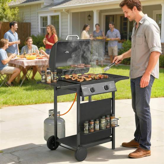 Barbecue à gaz, 2 brûleurs, tablettes latérales, bac de récupération des graisses, noir. - Image 4