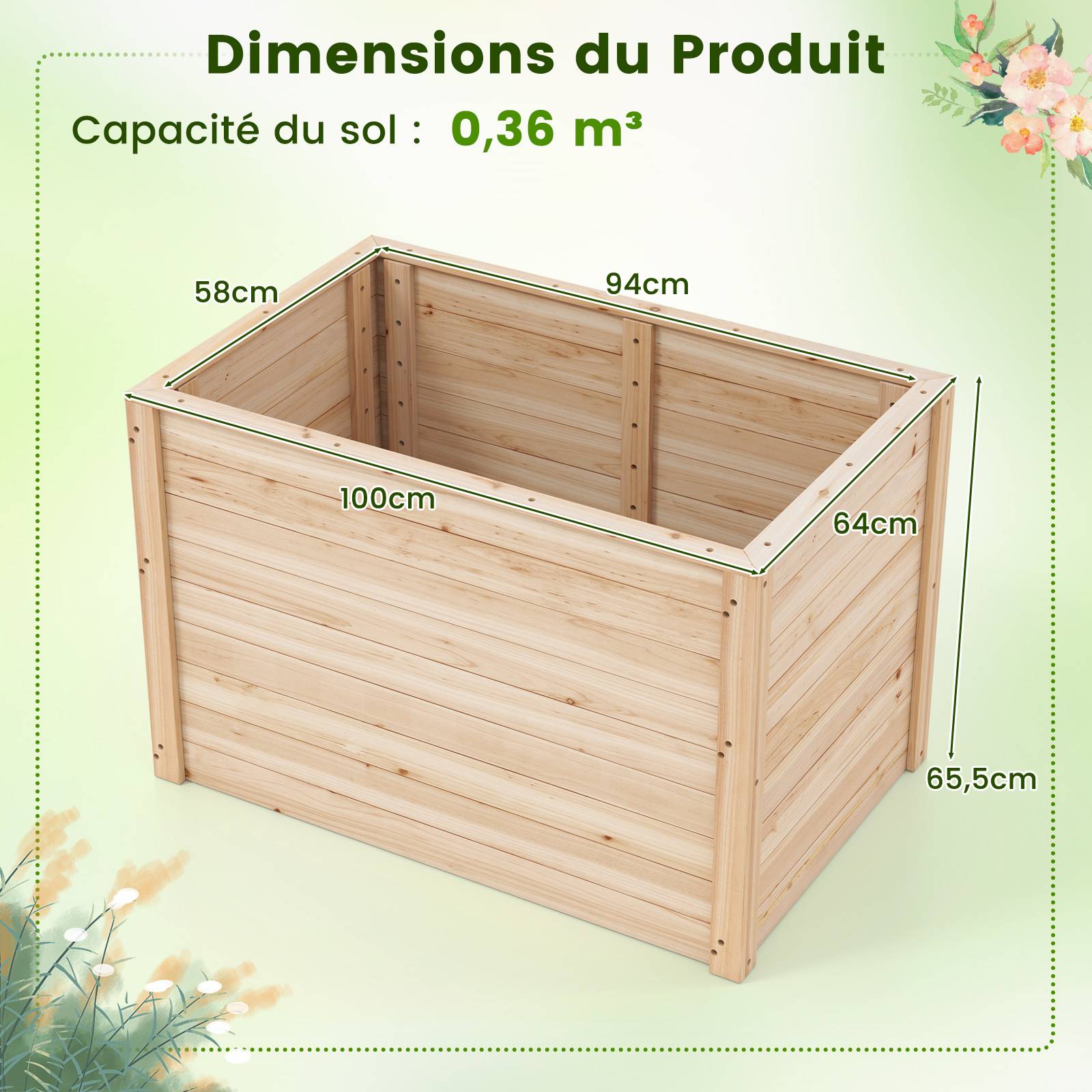 Costway - Jardinière au Sol en Sapin Massif, 100 x 64 x 65,5 cm, avec Base Ouverte pour Légumes, Fruits, Fleurs, Arbustes à Racines Profondes - Image 5