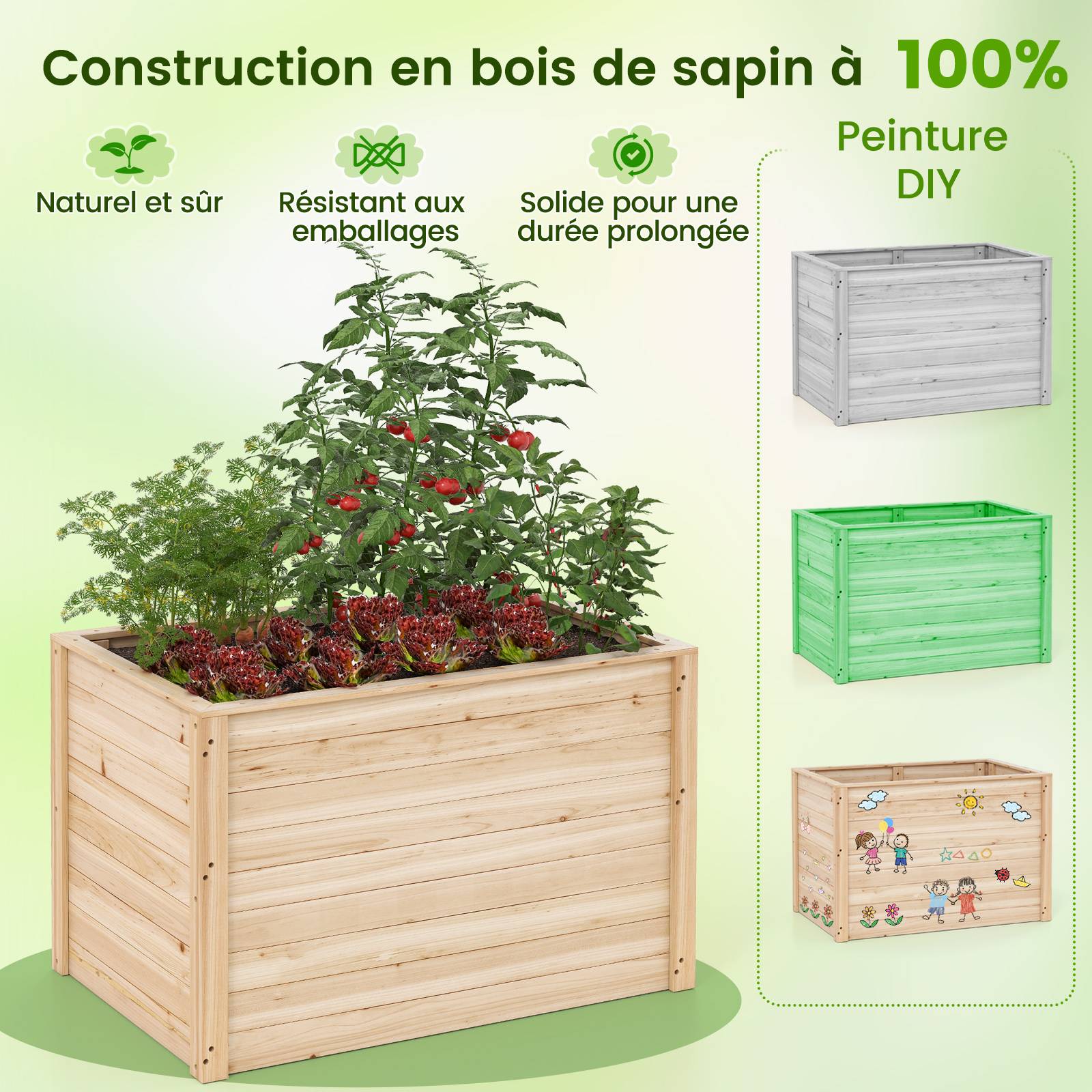 Costway - Jardinière au Sol en Sapin Massif, 100 x 64 x 65,5 cm, avec Base Ouverte pour Légumes, Fruits, Fleurs, Arbustes à Racines Profondes - Image 3