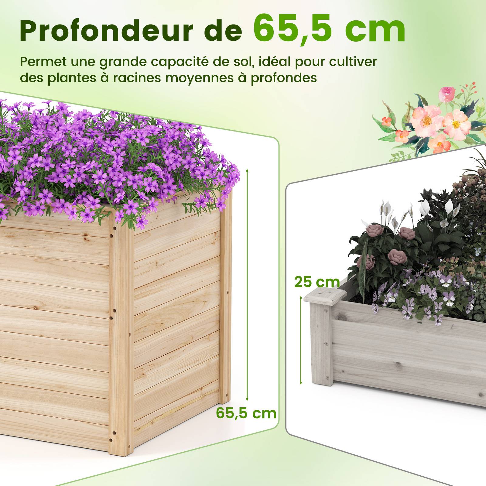 Costway - Jardinière au Sol en Sapin Massif, 100 x 64 x 65,5 cm, avec Base Ouverte pour Légumes, Fruits, Fleurs, Arbustes à Racines Profondes - Image 6