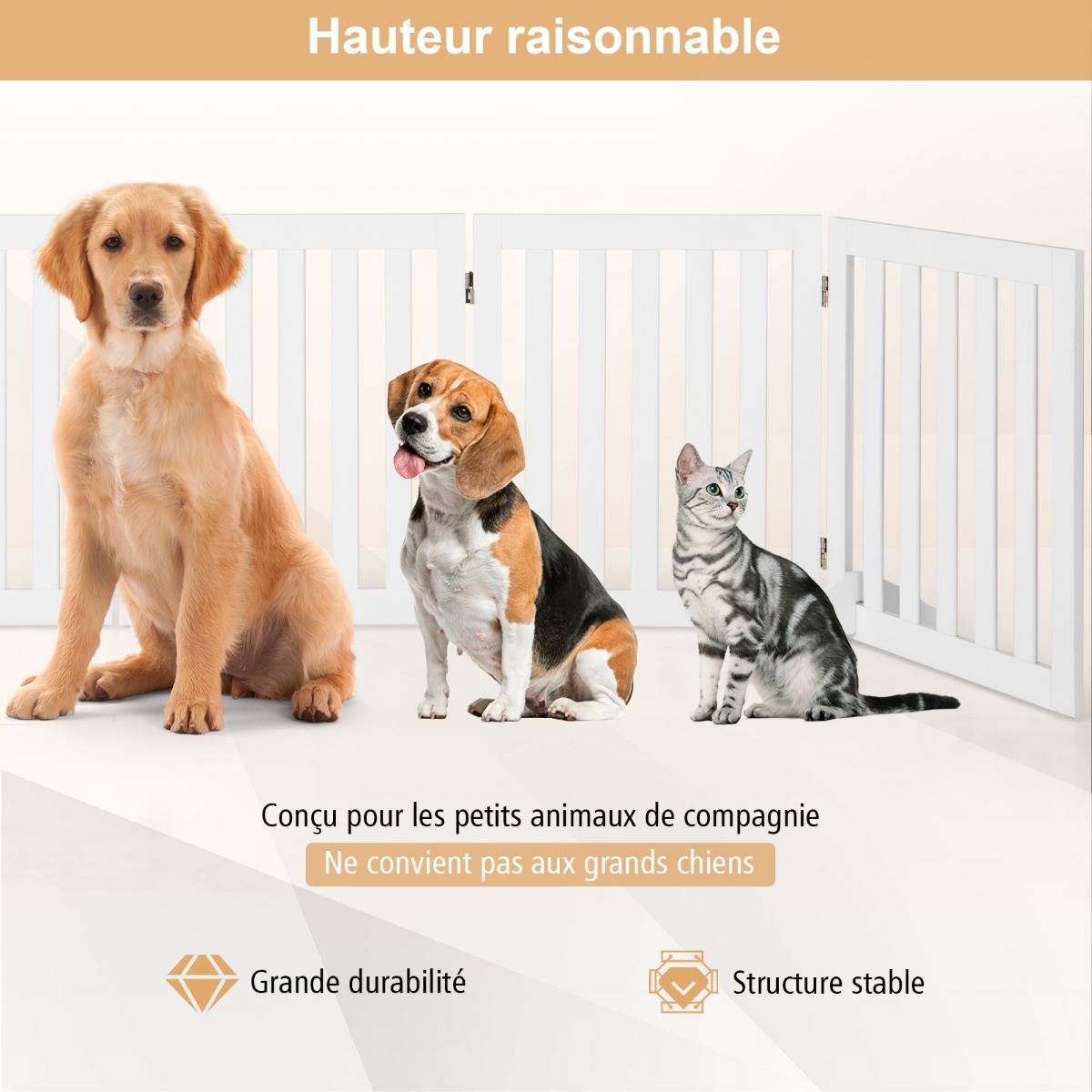 Barrière de Sécurité pour Chien 3 Panneaux avec 2 Pieds de Soutien 150x60 CM Barrière Modulable Pliable pour Animaux Blanc - Image 6