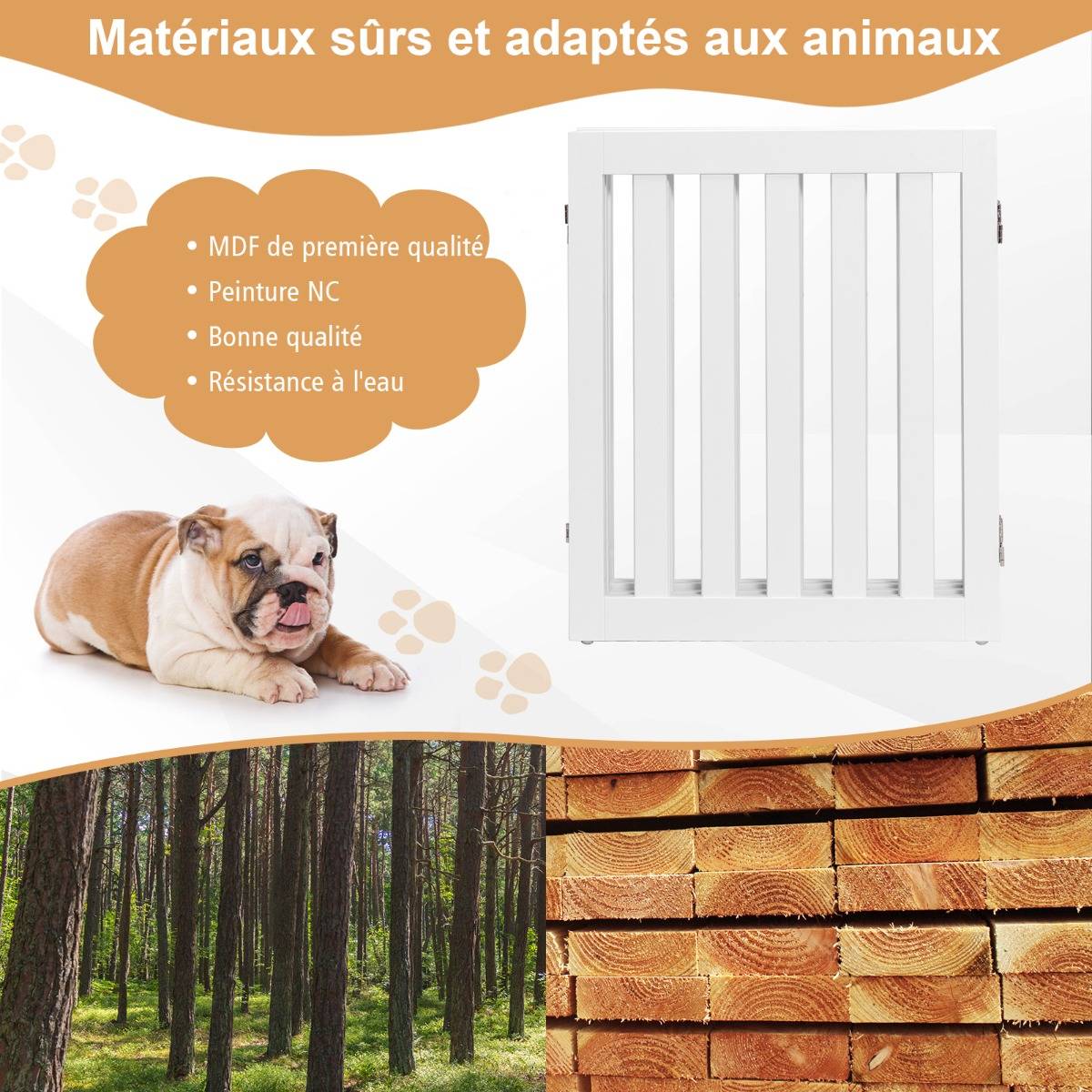 Barrière de Sécurité pour Chien 3 Panneaux avec 2 Pieds de Soutien 150x60 CM Barrière Modulable Pliable pour Animaux Blanc - Image 7